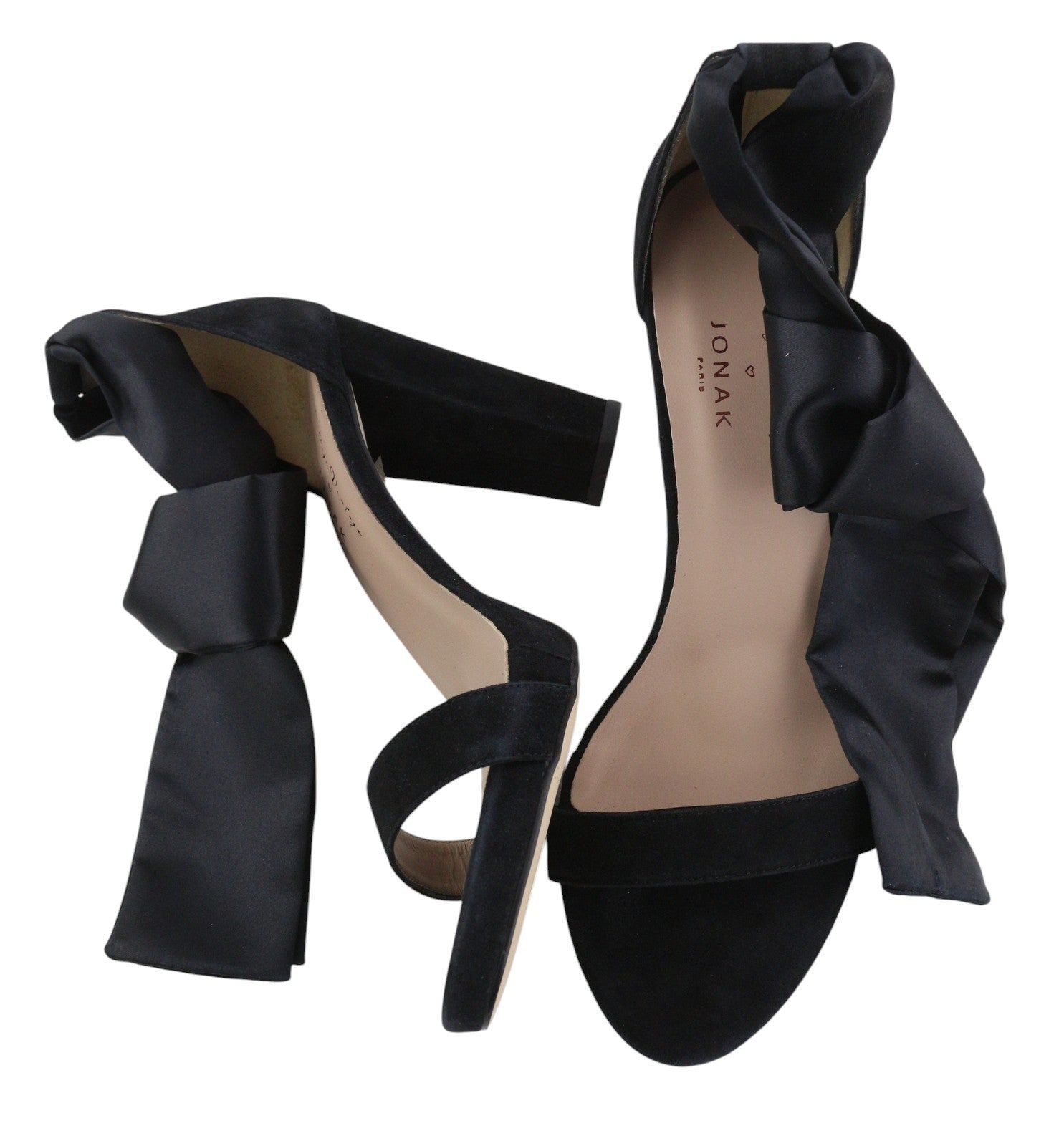 JONAK Women Heels EU40 Black Velour Suede Leather Block Heel Open-Toe Sandals