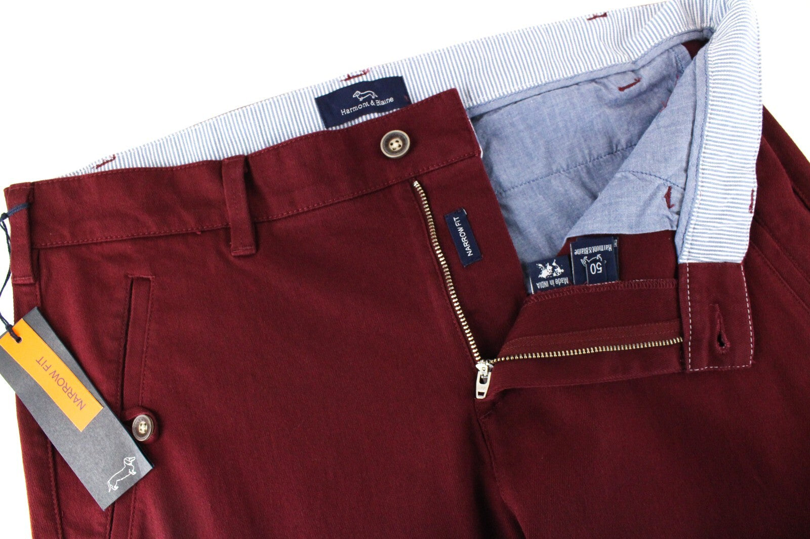 HARMONT & BLAINE Mens Trousers 50 Burgundy Stretchy Narrow Leg Chino Style