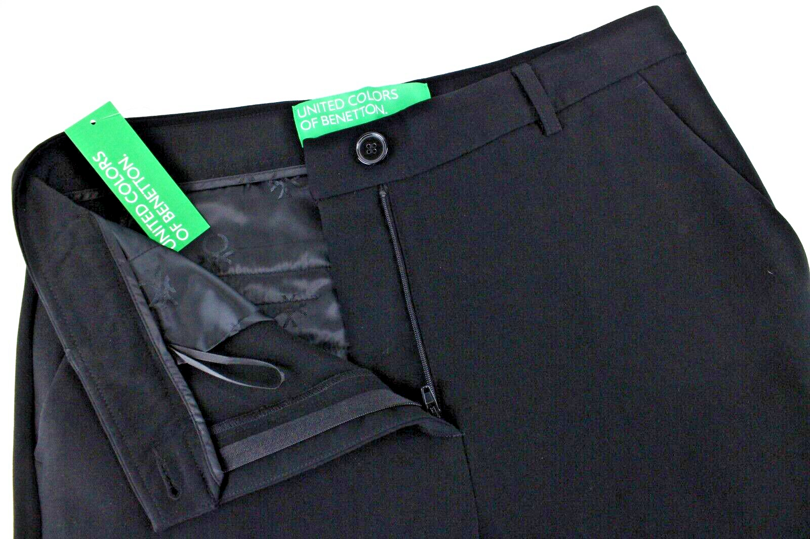 BENETTON Womens Trousers UK14 Pleated Zip-Up Chino Black Plain