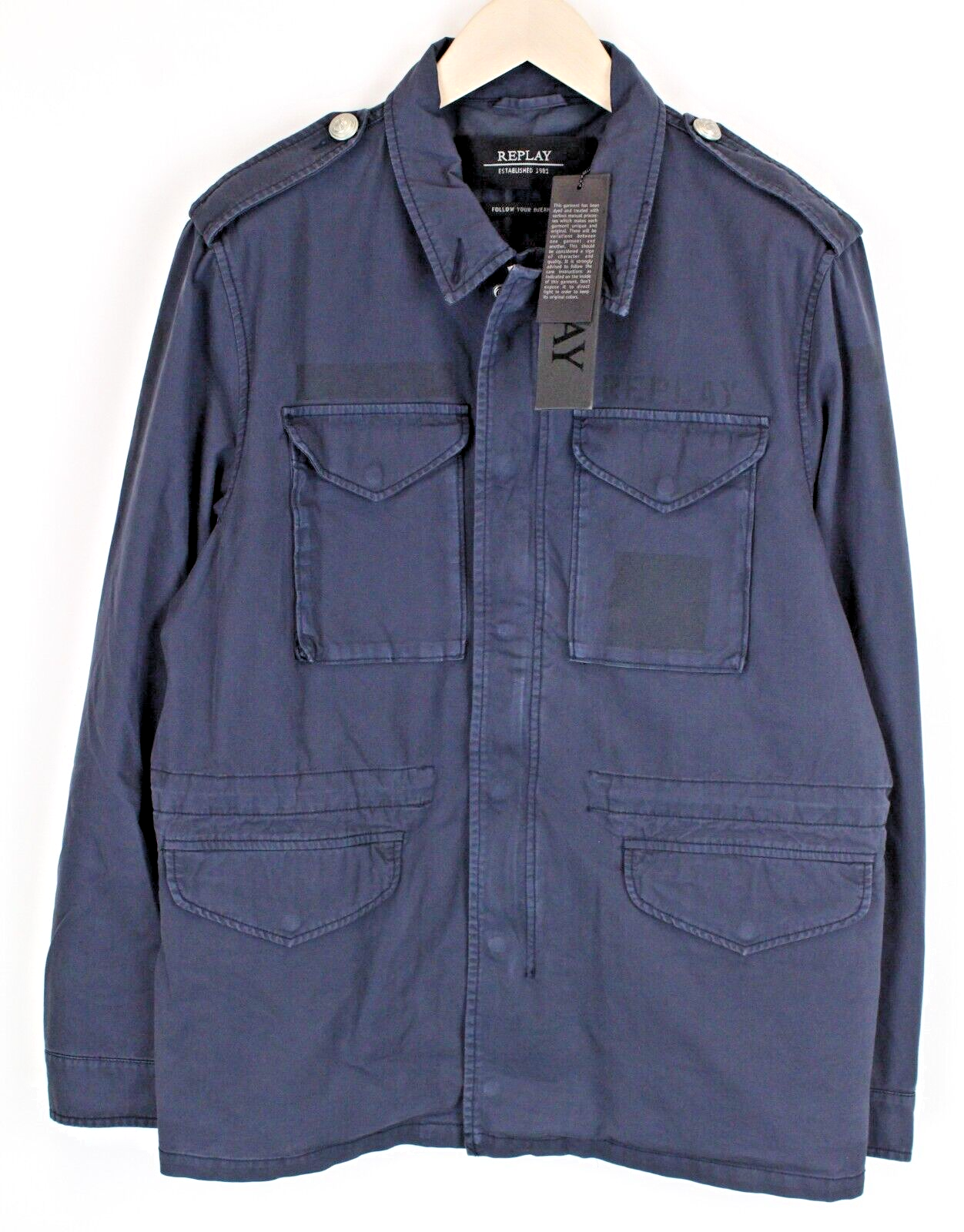 REPLAY Mens Jacket M Dark Blue Casual Military Zip-Up Lined Faded Style