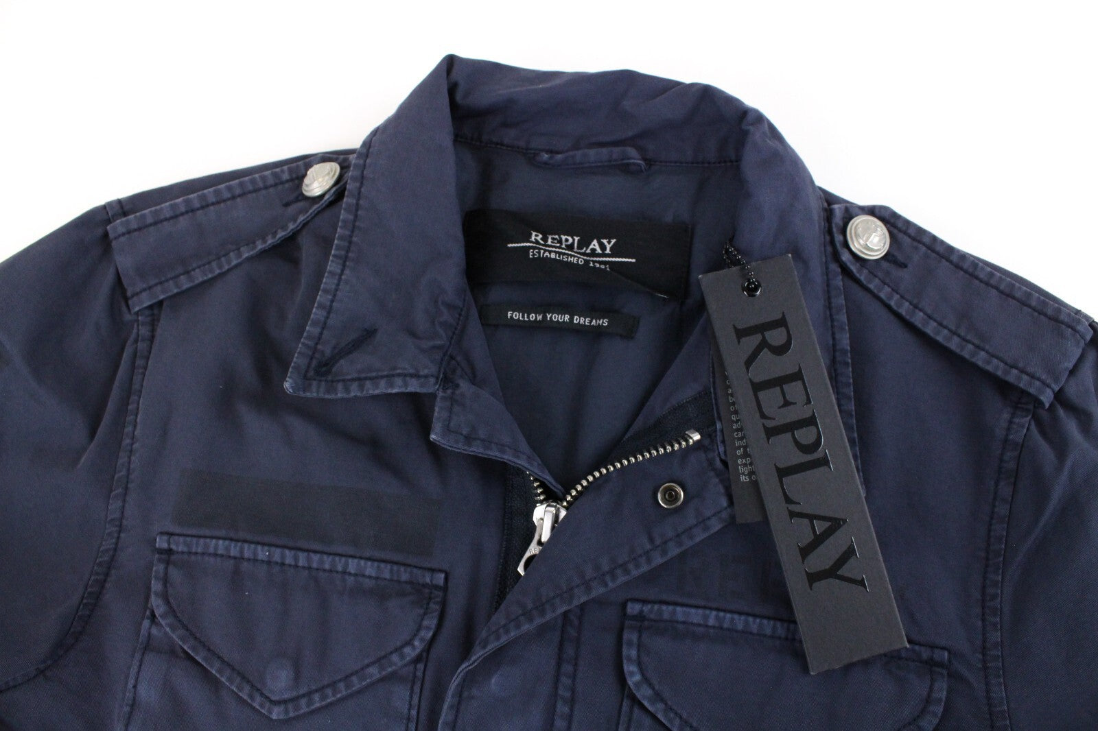REPLAY Mens Jacket M Dark Blue Casual Military Zip-Up Lined Faded Style
