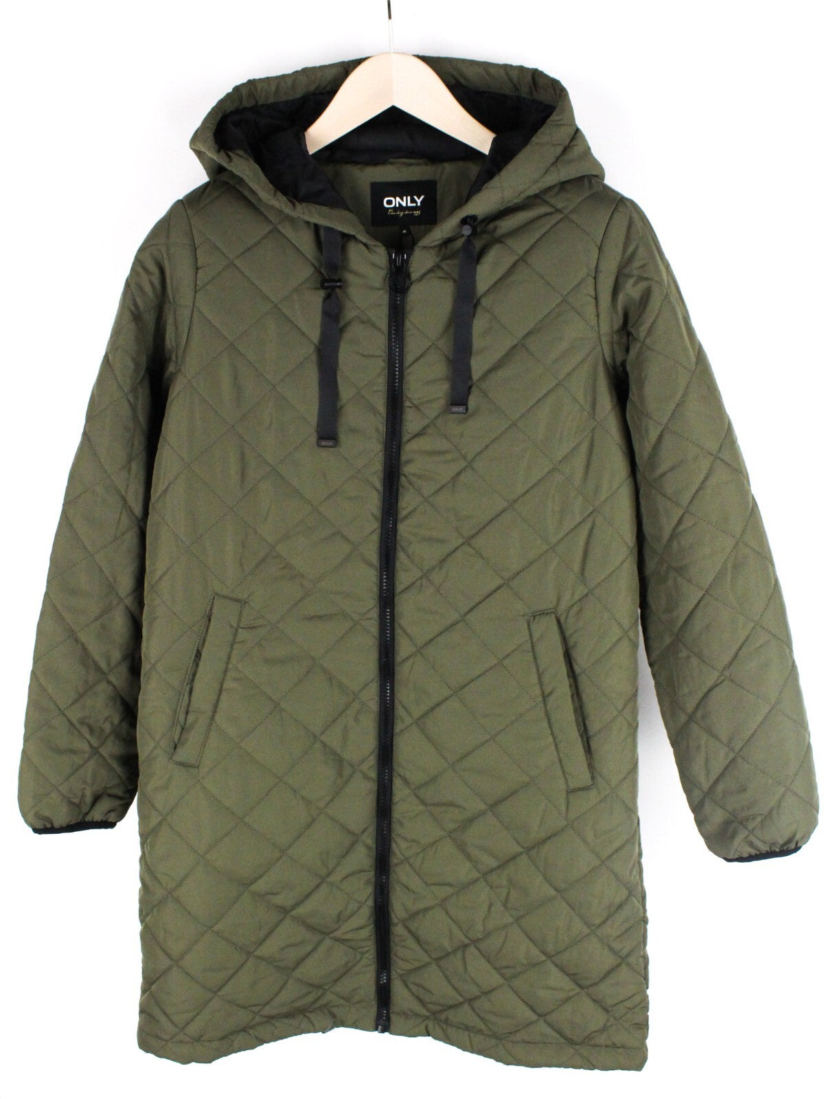 ONLY Womens Jacket M Petite Hooded Khaki Quilted Padded Warm Long