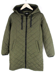ONLY Womens Jacket M Petite Hooded Khaki Quilted Padded Warm Long