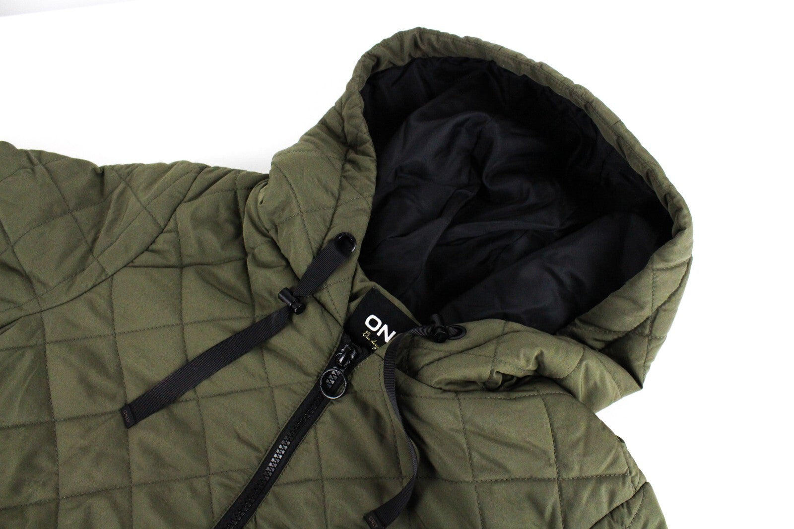 ONLY Womens Jacket M Petite Hooded Khaki Quilted Padded Warm Long