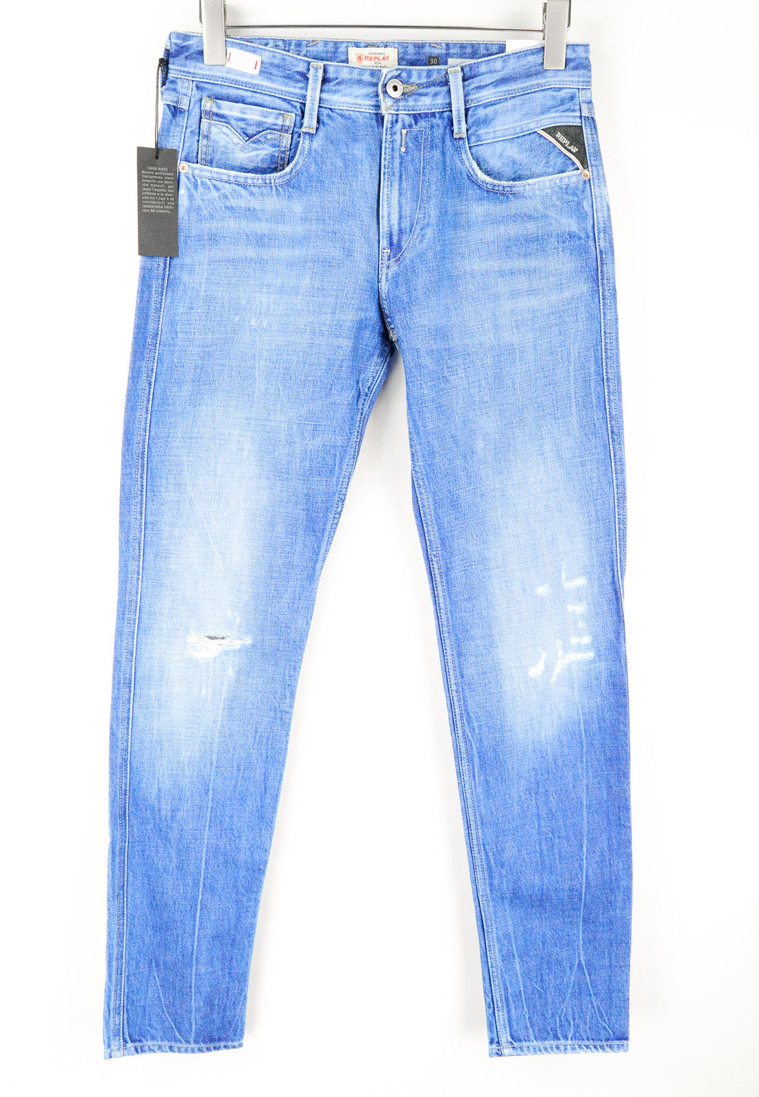 REPLAY Anbass Men's Blue Slim Jeans W30/L32 Distressed Cotton Washed Denim