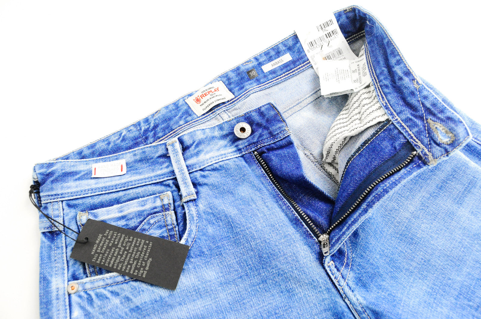 REPLAY Anbass Men's Blue Slim Jeans W30/L32 Distressed Cotton Washed Denim