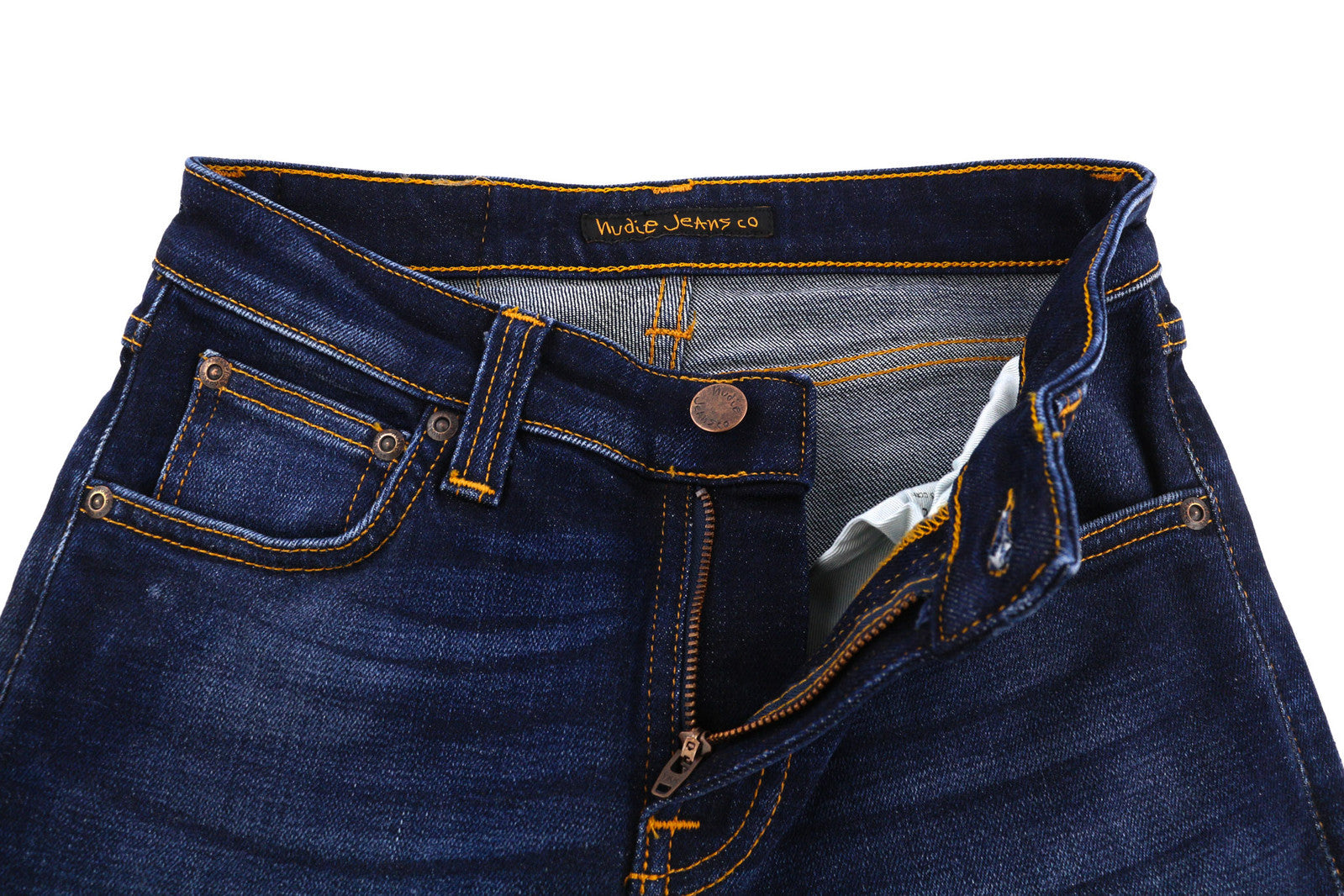 NUDIE Skinny Lin Women Jeans W26/L32 Dark Deep Worn Zip Fly Logo Washed Denim