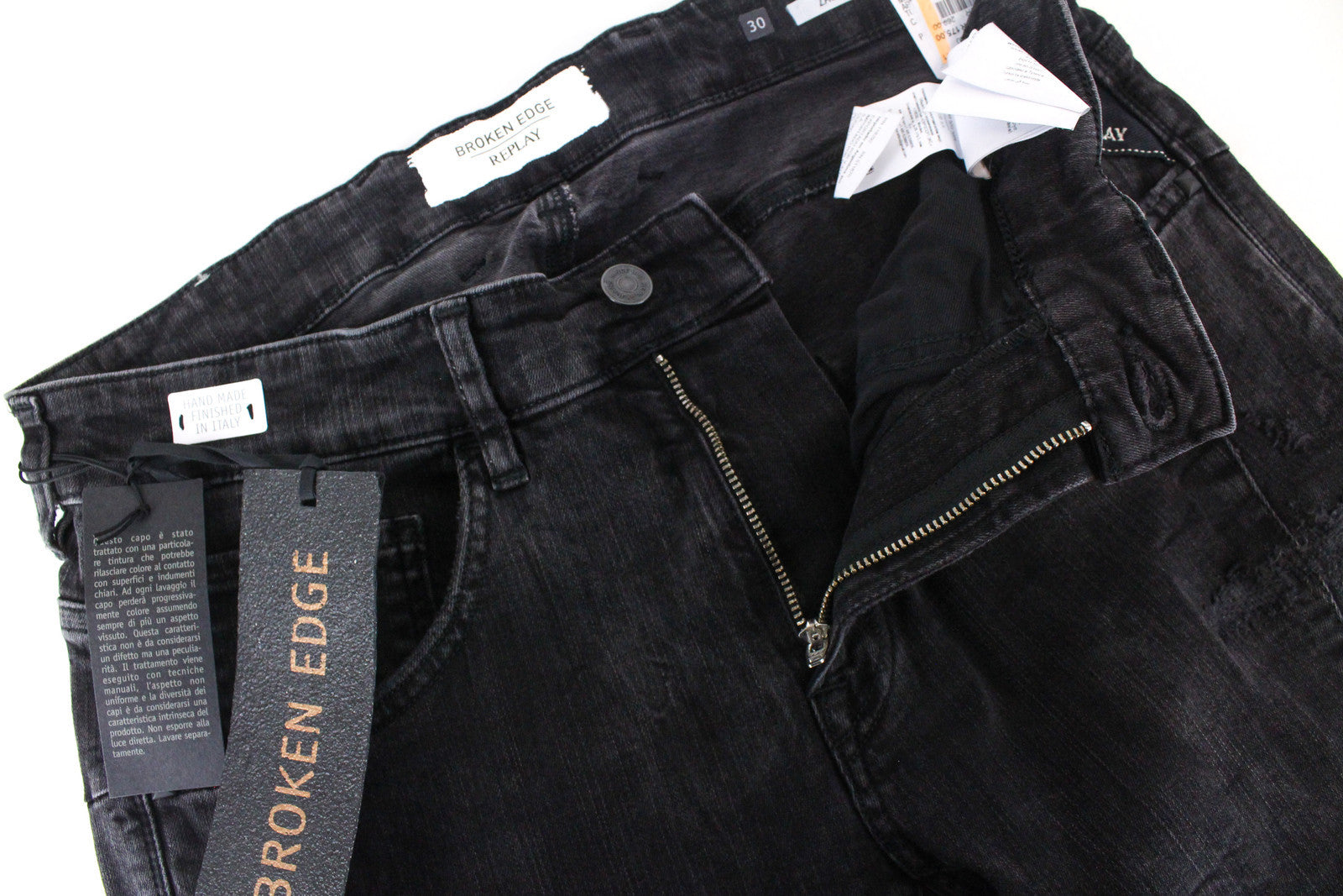 REPLAY Zaldok Men's Grey Skinny Jeans W30/L30 Cotton Stretch Ripped Denim