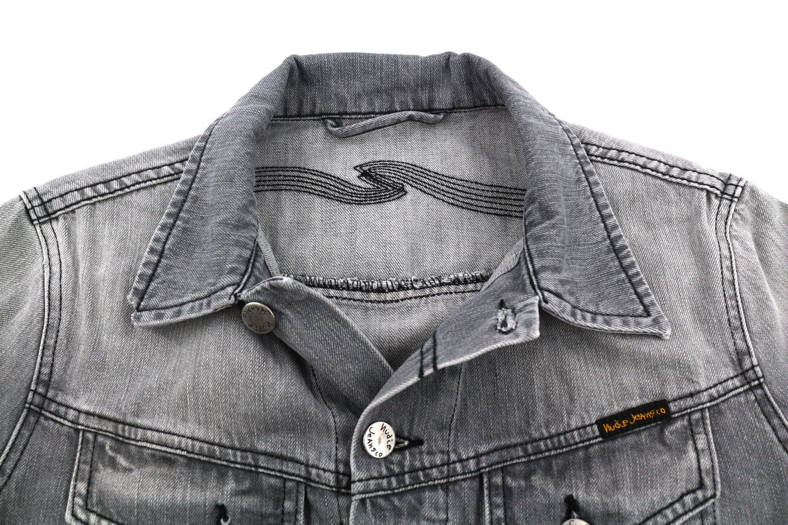 NUDIE Conny Men Jacket S Sunbleached Black Button Up Neck Cotton Washed