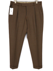 PT TORINO Rebel Fit Men Trousers 52 W37 Brown Fleece Wool Blend Pleat Pinstripe
