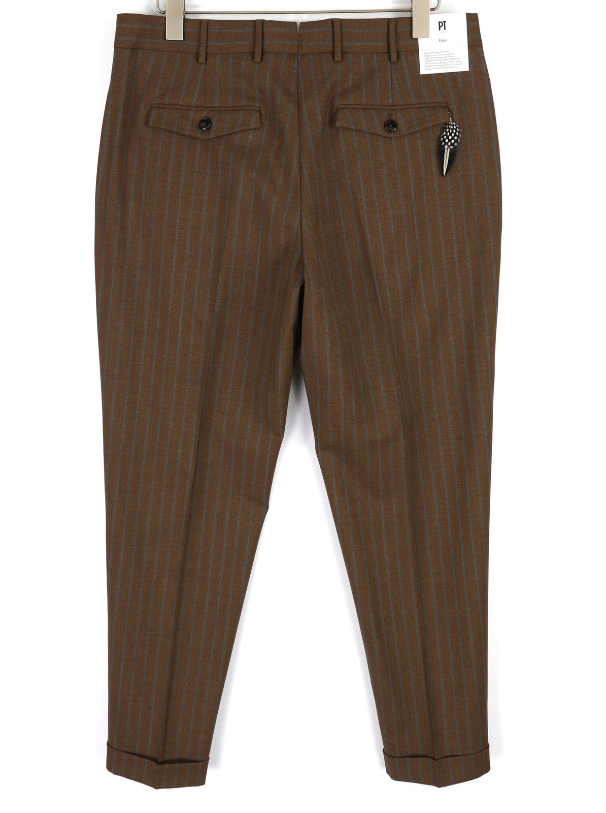 PT TORINO Rebel Fit Men Trousers 52 W37 Brown Fleece Wool Blend Pleat Pinstripe