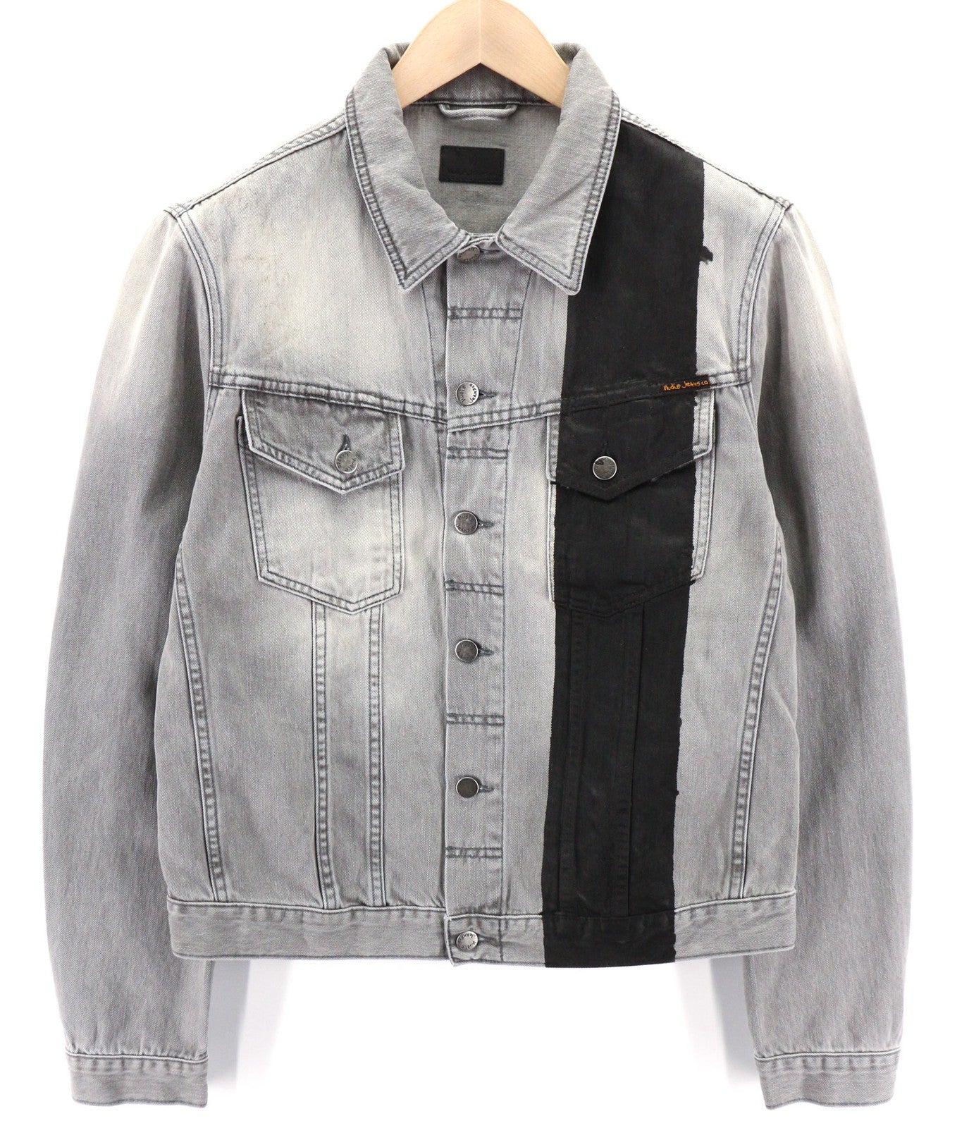 NUDIE JEANS Perry Men Jacket L Organic Black Striped Denim Washed Buttoned Logo