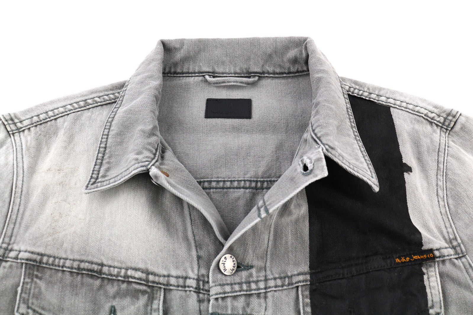 NUDIE JEANS Perry Men Jacket L Organic Black Striped Denim Washed Buttoned Logo