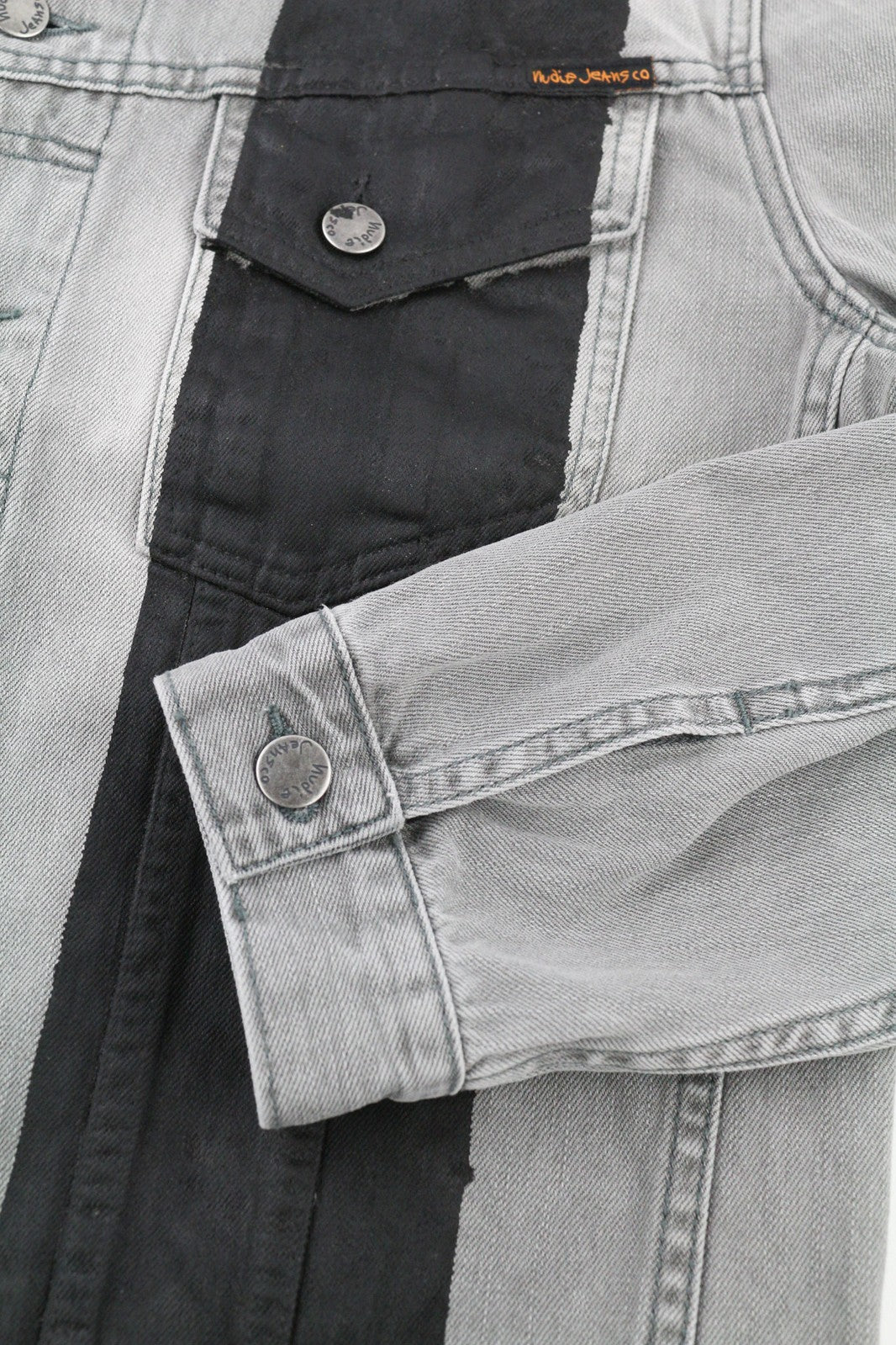 NUDIE JEANS Perry Men Jacket L Organic Black Striped Denim Washed Buttoned Logo