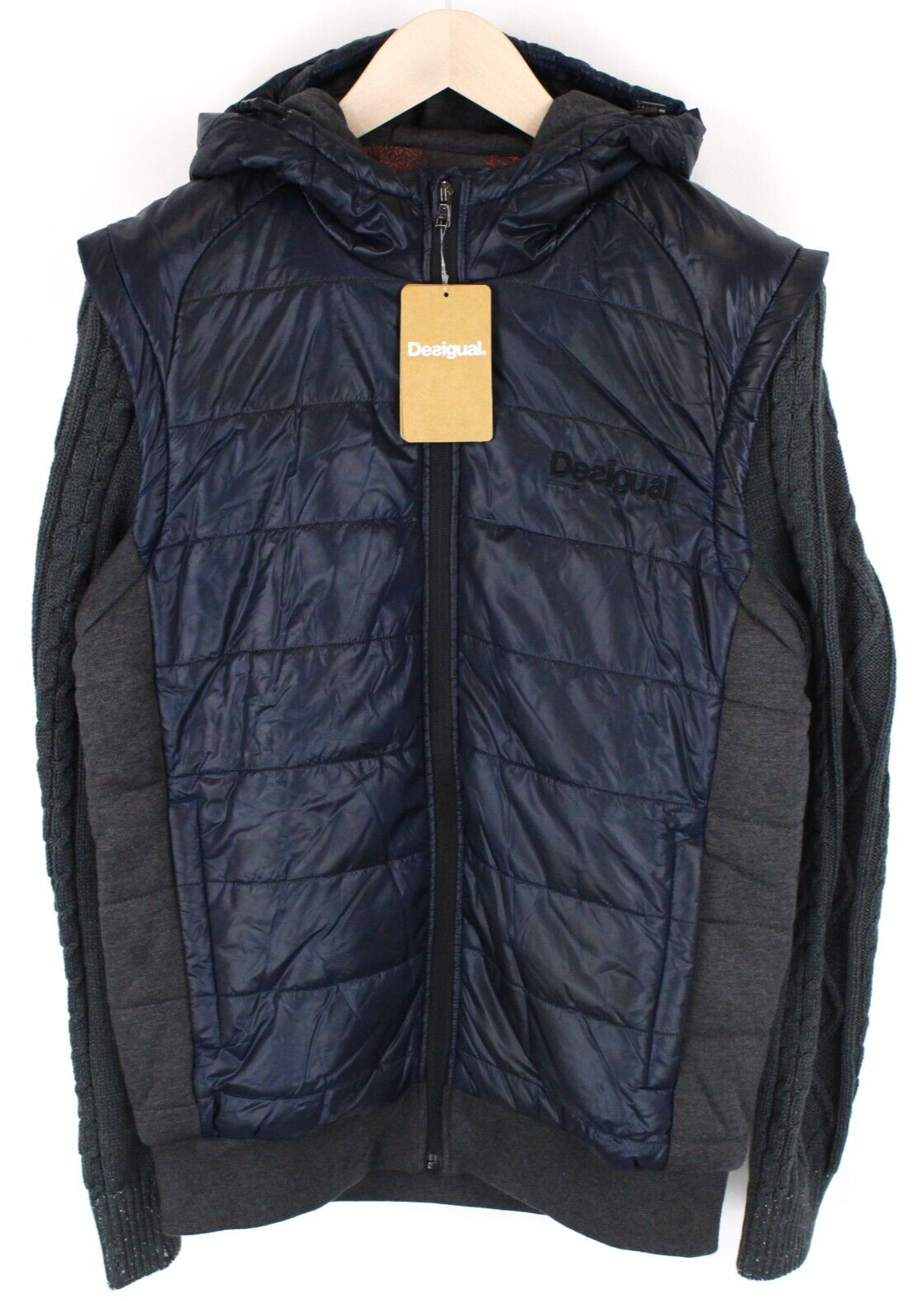 DESIGUAL Arthur Men's Grey Navy Jacket S Hooded Cotton Blend Warm Outerwear