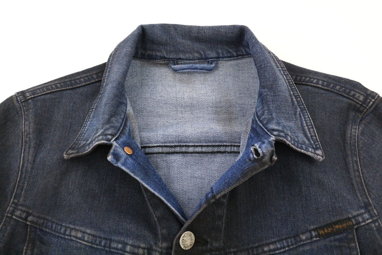 NUDIE JEANS Perry Men Jacket S Denim Organic Black On Blue Buttoned Logo Washed