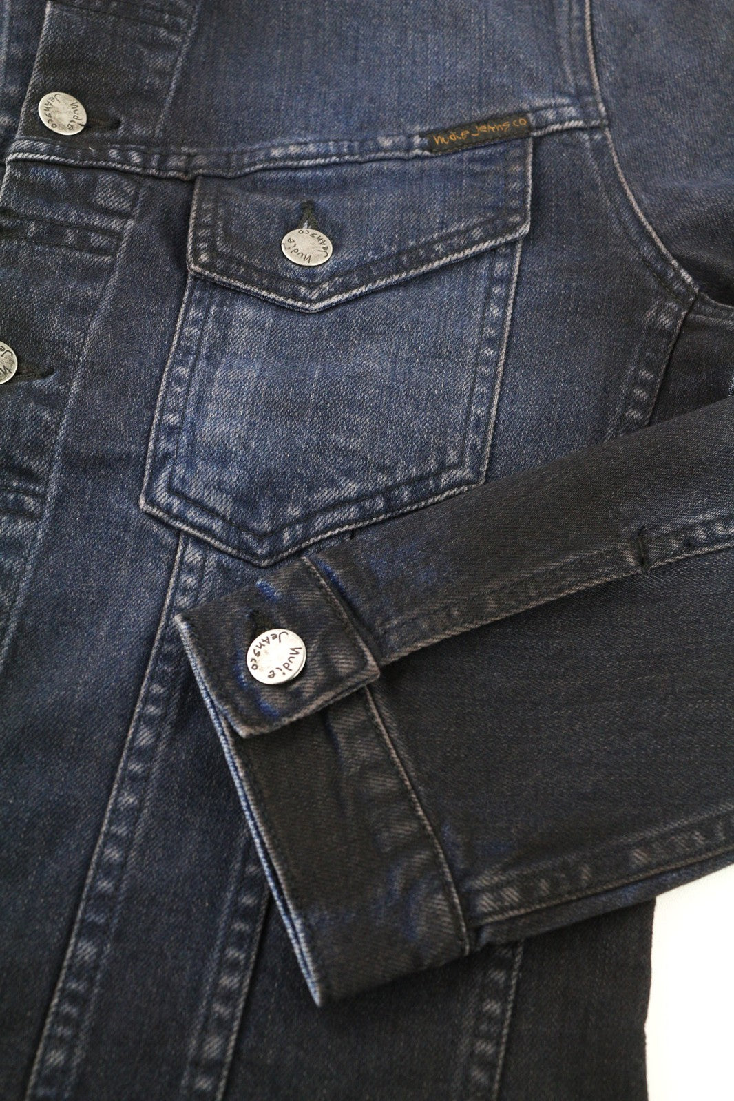 NUDIE JEANS Perry Men Jacket S Denim Organic Black On Blue Buttoned Logo Washed