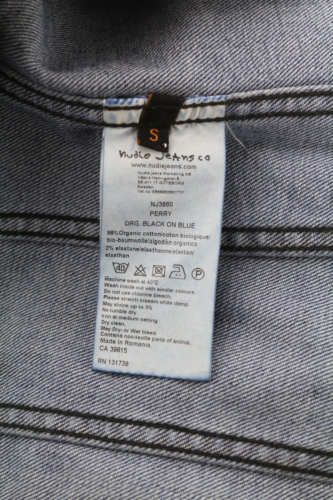 NUDIE JEANS Perry Men Jacket S Denim Organic Black On Blue Buttoned Logo Washed