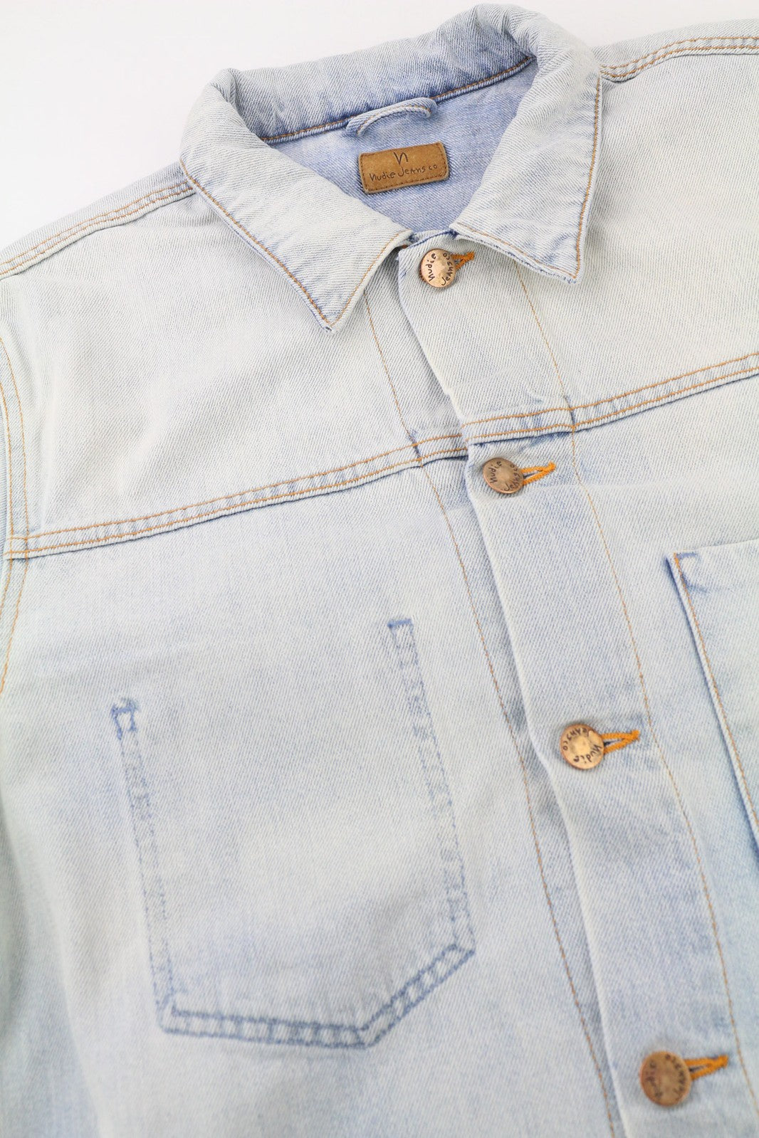 NUDIE JEANS Ronny Men Jacket L Denim Crispy Ocean Washed Buttoned Spread Neck