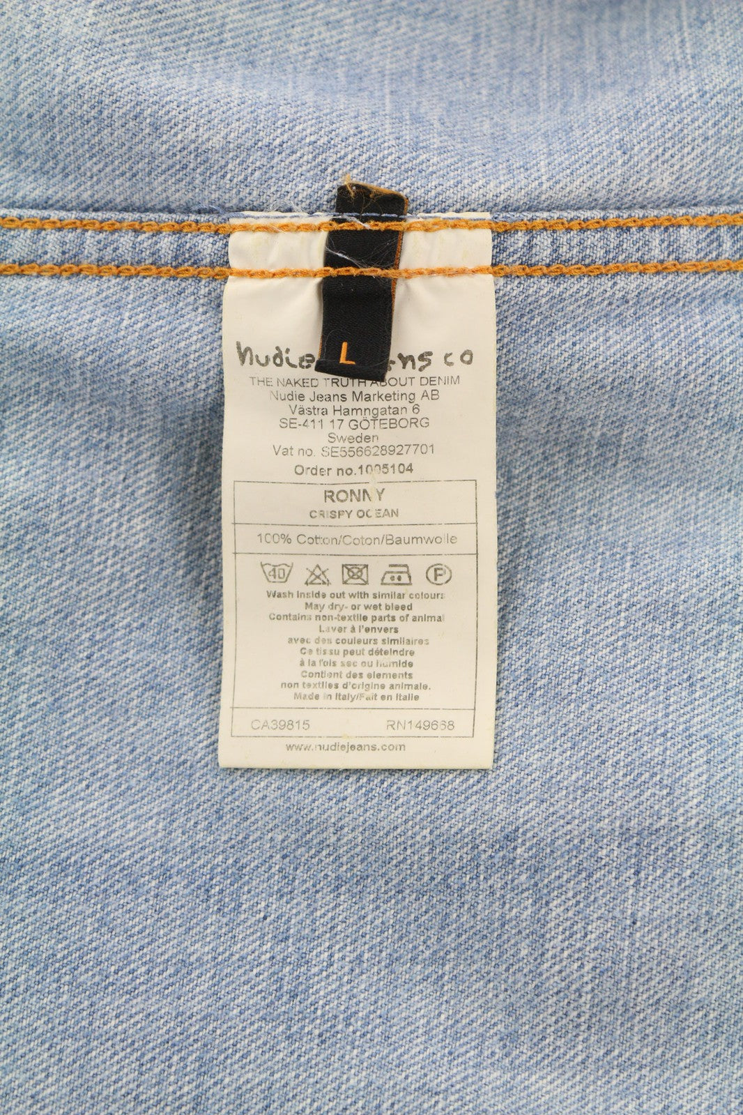 NUDIE JEANS Ronny Men Jacket L Denim Crispy Ocean Washed Buttoned Spread Neck