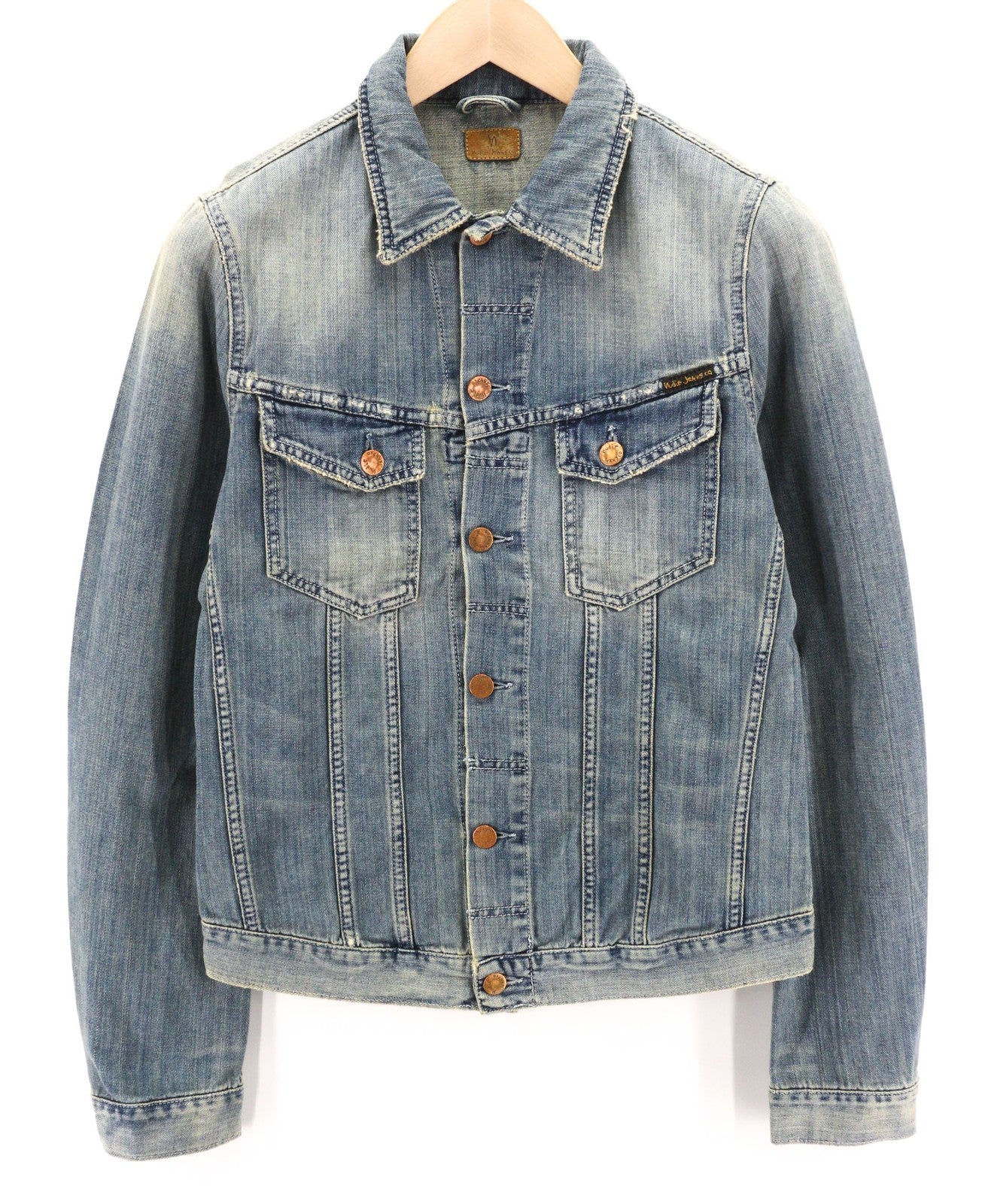 NUDIE JEANS Billy Men Jacket S Denim Light Shades Buttoned Spread Blue Logo