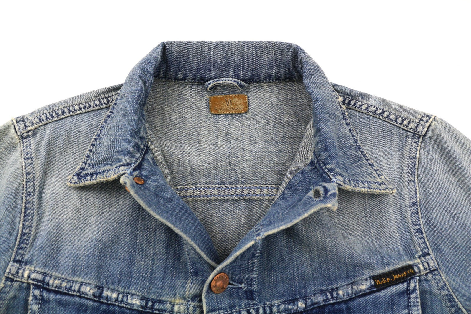 NUDIE JEANS Billy Men Jacket S Denim Light Shades Buttoned Spread Blue Logo