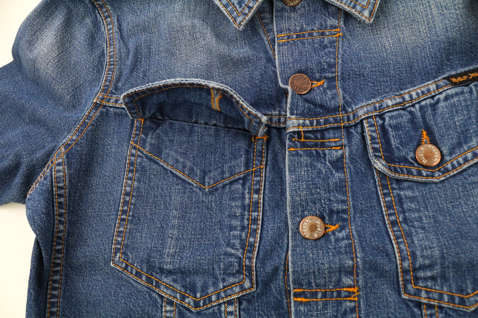 NUDIE JEANS Terry Recycle Worn In Mens Jacket S Blue Wash Cotton Denim Unlined