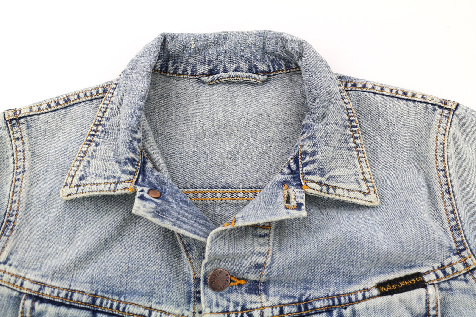 NUDIE JEANS Terry Men Jacket S Denim Bleach Blue Washed Spread Cotton Buttoned