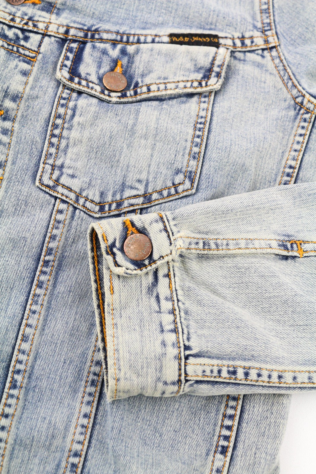 NUDIE JEANS Terry Men Jacket S Denim Bleach Blue Washed Spread Cotton Buttoned