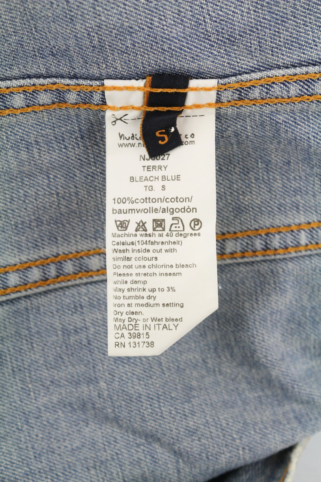 NUDIE JEANS Terry Men Jacket S Denim Bleach Blue Washed Spread Cotton Buttoned