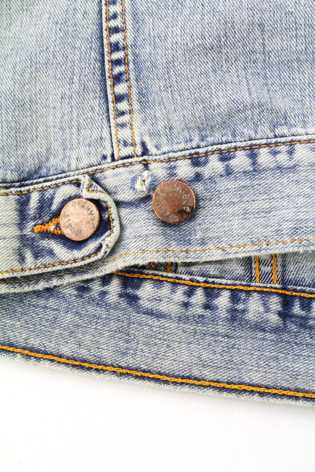 NUDIE JEANS Terry Men Jacket S Denim Bleach Blue Washed Spread Cotton Buttoned