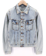 NUDIE JEANS Terry Men Jacket S Denim Bleach Washed Spread Neck Cotton Buttoned