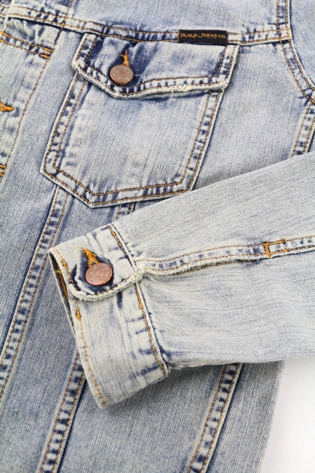 NUDIE JEANS Terry Men Jacket S Denim Bleach Washed Spread Neck Cotton Buttoned