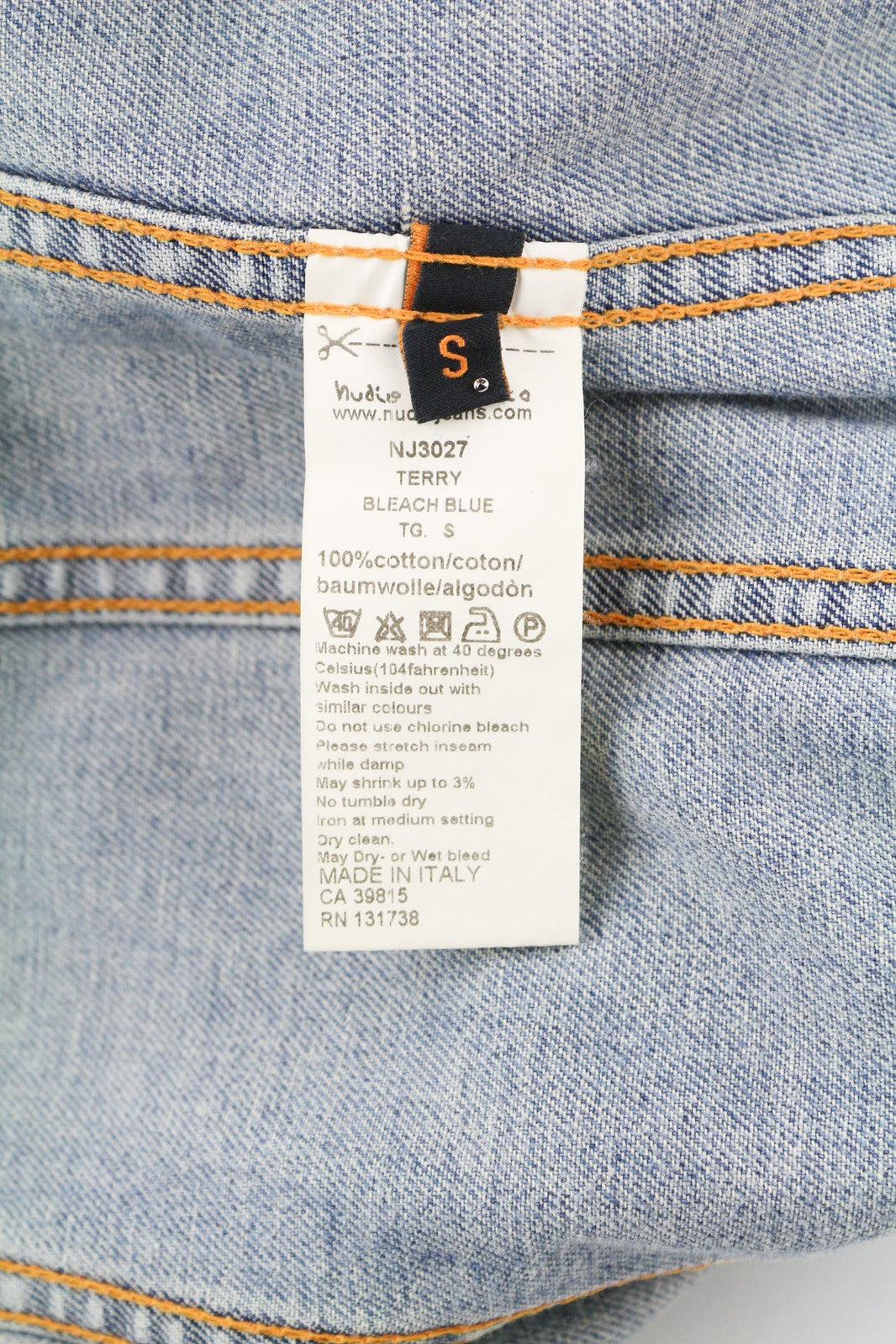 NUDIE JEANS Terry Men Jacket S Denim Bleach Washed Spread Neck Cotton Buttoned