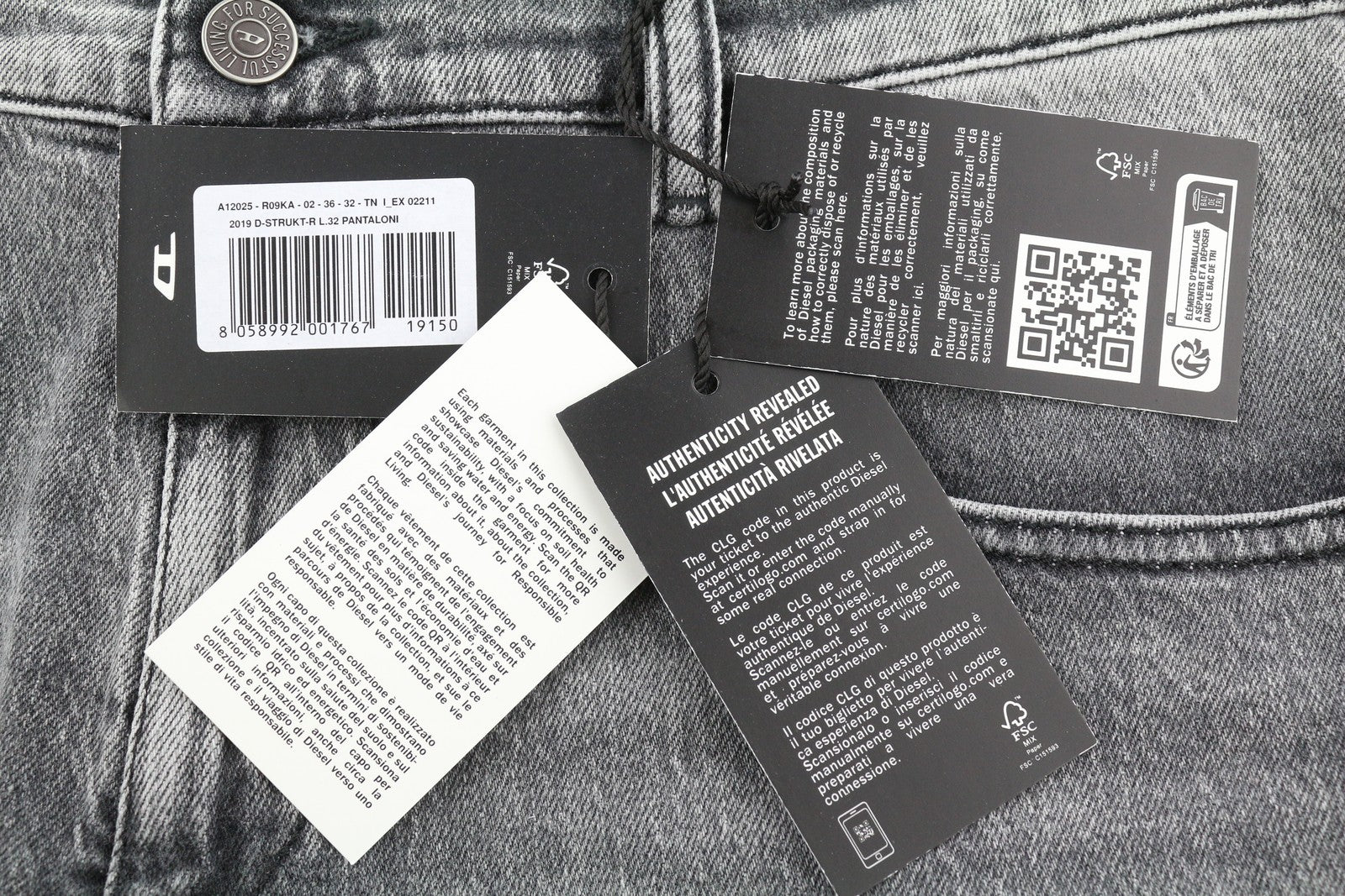 DIESEL 2019 D-Strukt R09KA Men Jeans W36/L32 Denim Grey Washed Slim Zip RRP€225