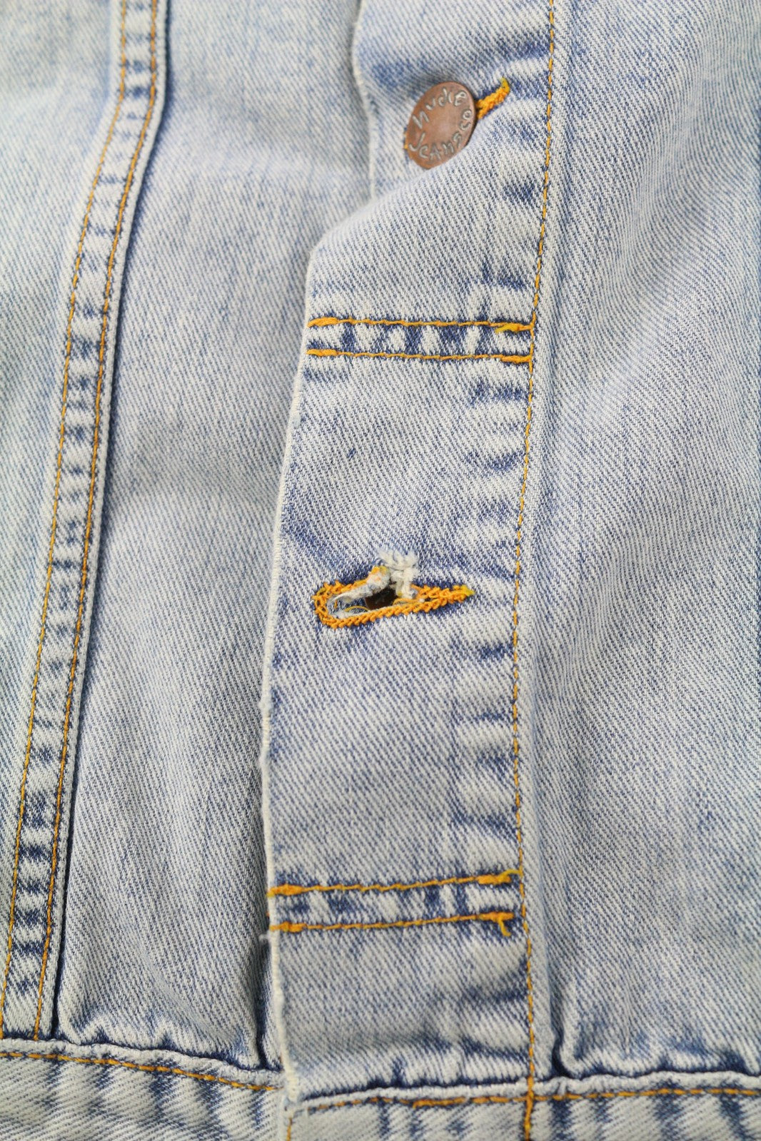 NUDIE JEANS Terry Men Jacket M Denim Bleach Washed Spread Neck Cotton Buttoned