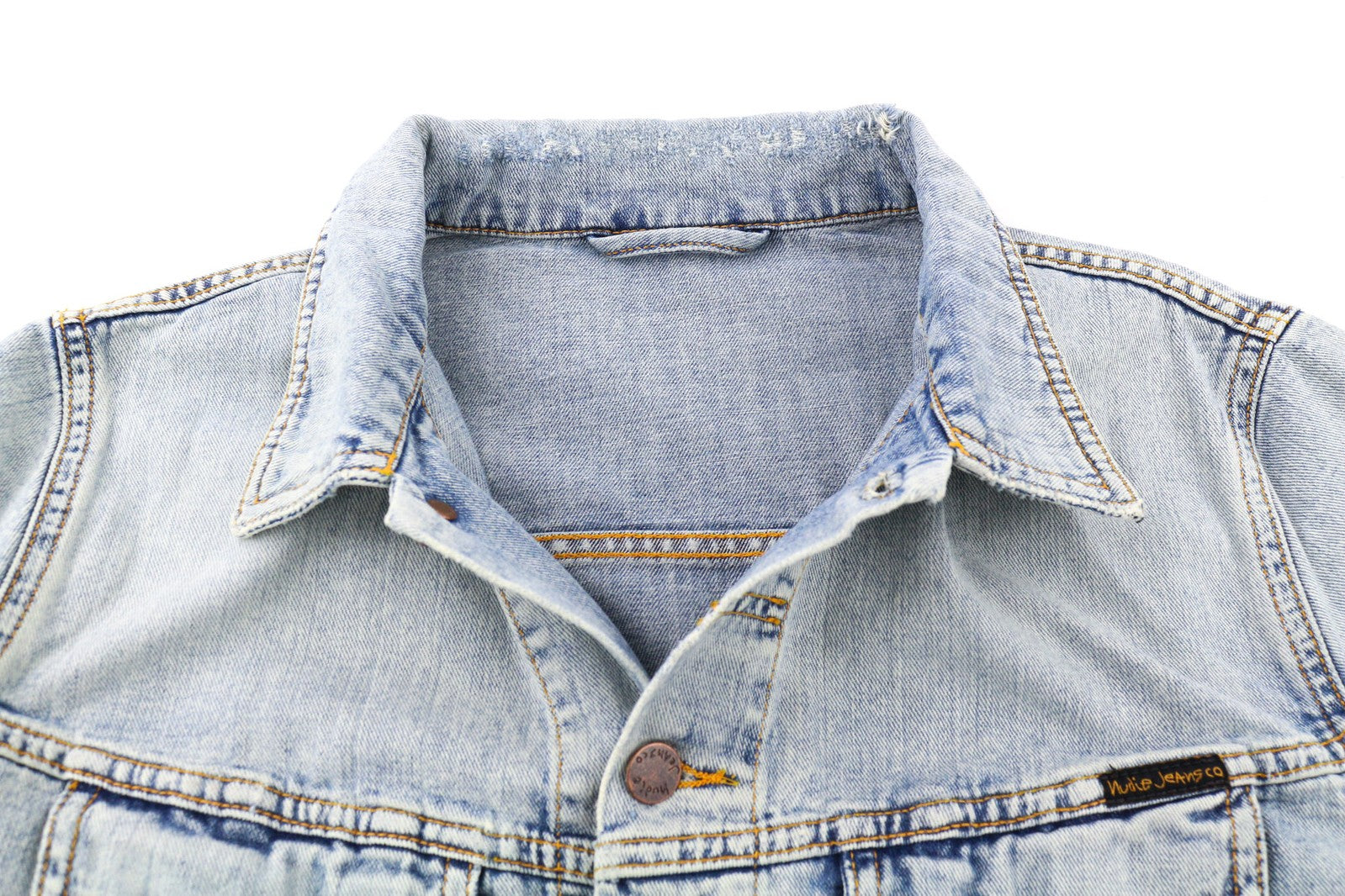 NUDIE JEANS Terry Men Jacket M Denim Bleach Washed Spread Neck Cotton Buttoned