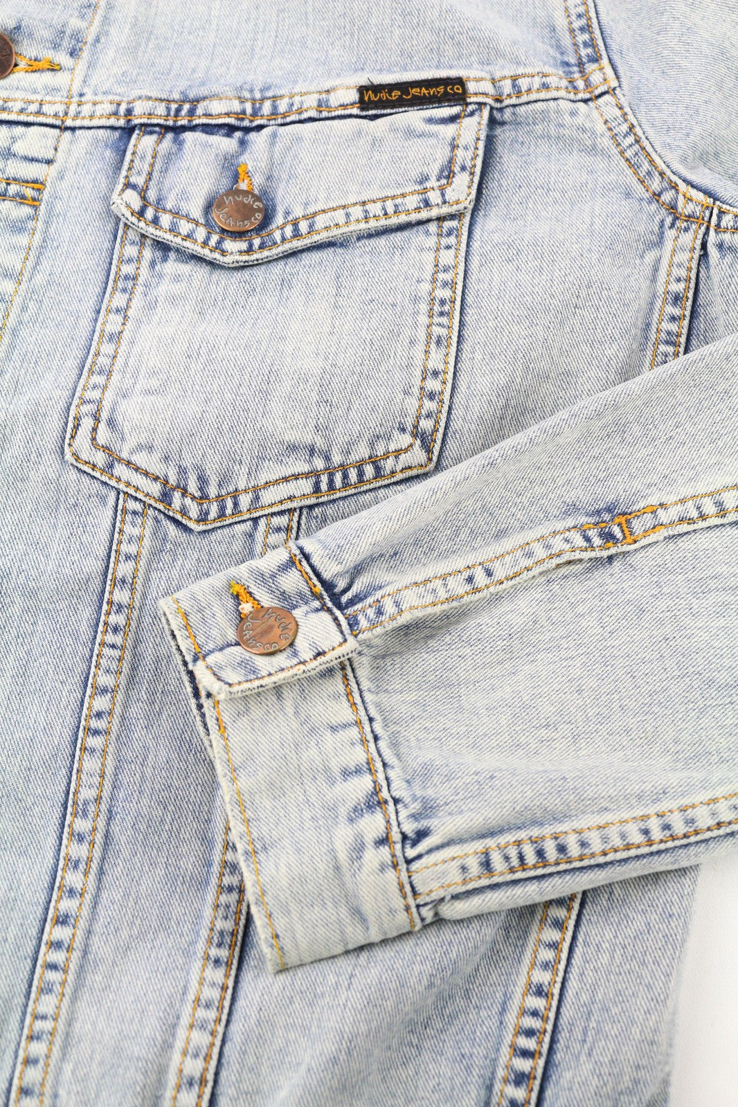 NUDIE JEANS Terry Men Jacket M Denim Bleach Washed Spread Neck Cotton Buttoned