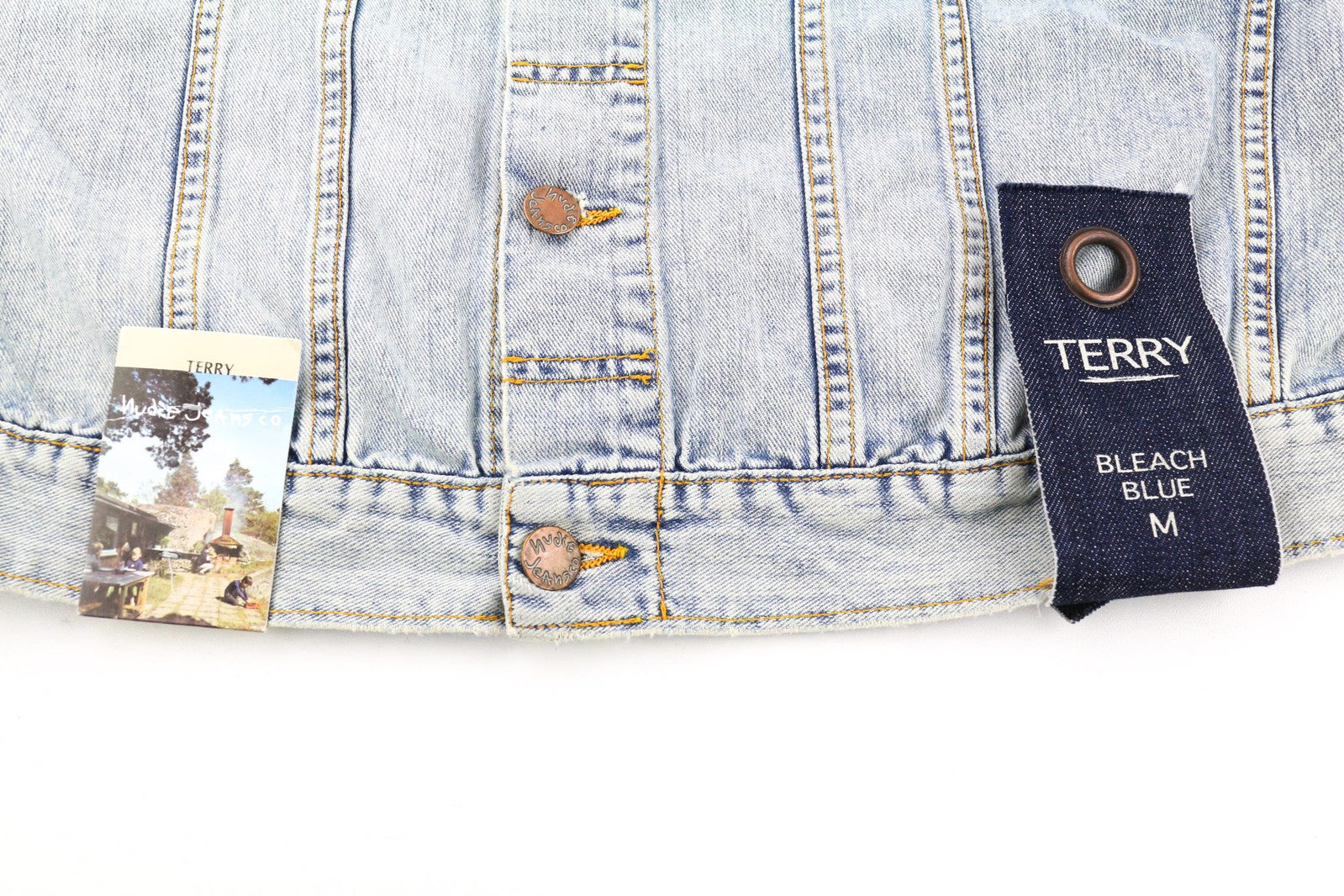 NUDIE JEANS Terry Men Jacket M Denim Bleach Washed Spread Neck Cotton Buttoned