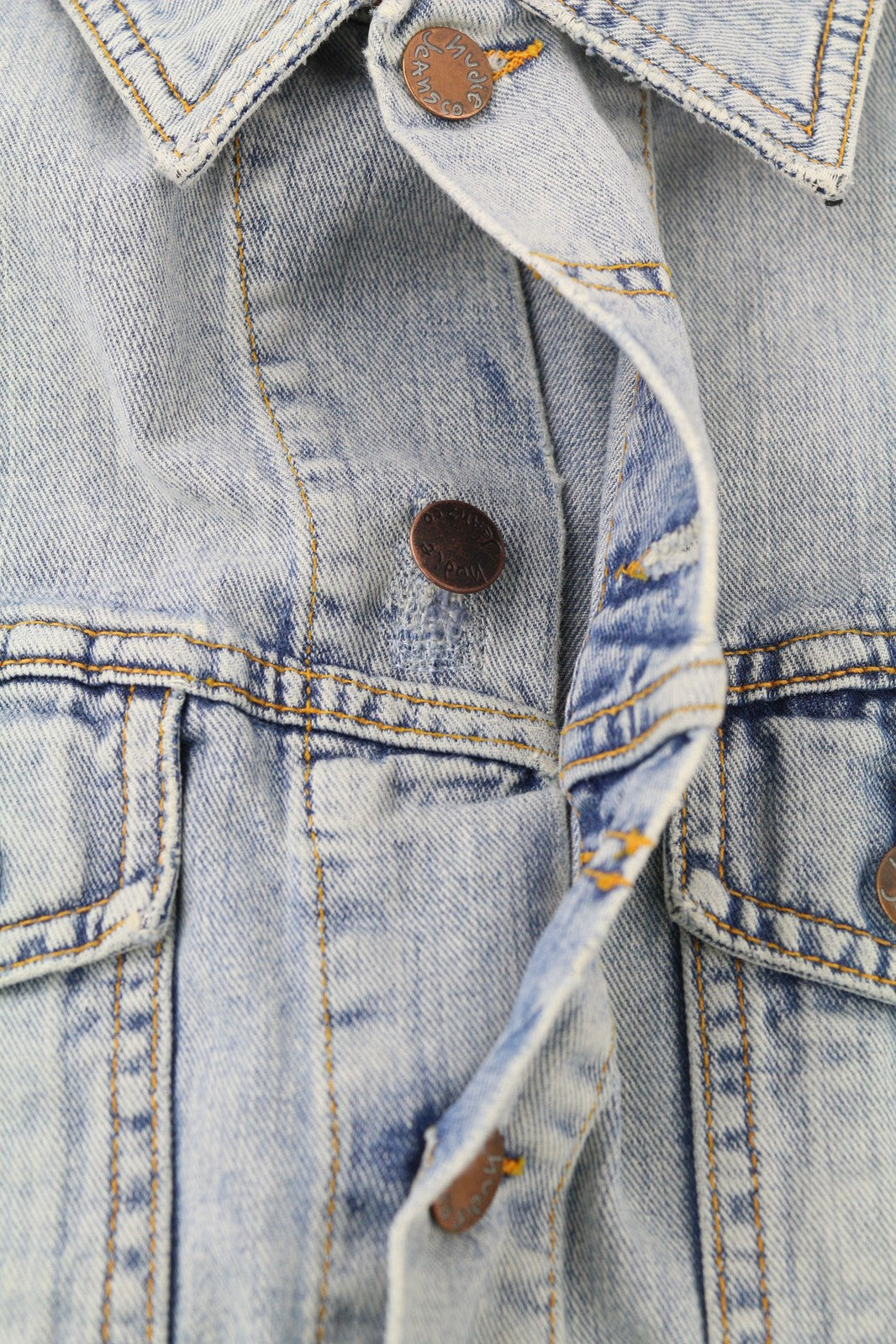 NUDIE JEANS Terry Men Jacket M Denim Bleach Washed Spread Neck Cotton Buttoned