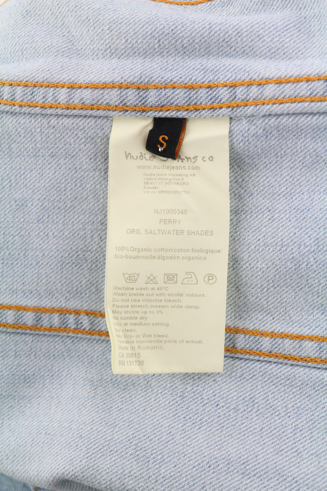 NUDIE Perry Men Jacket S Organic Saltwater Shades Buttoned Neck Denim Logo