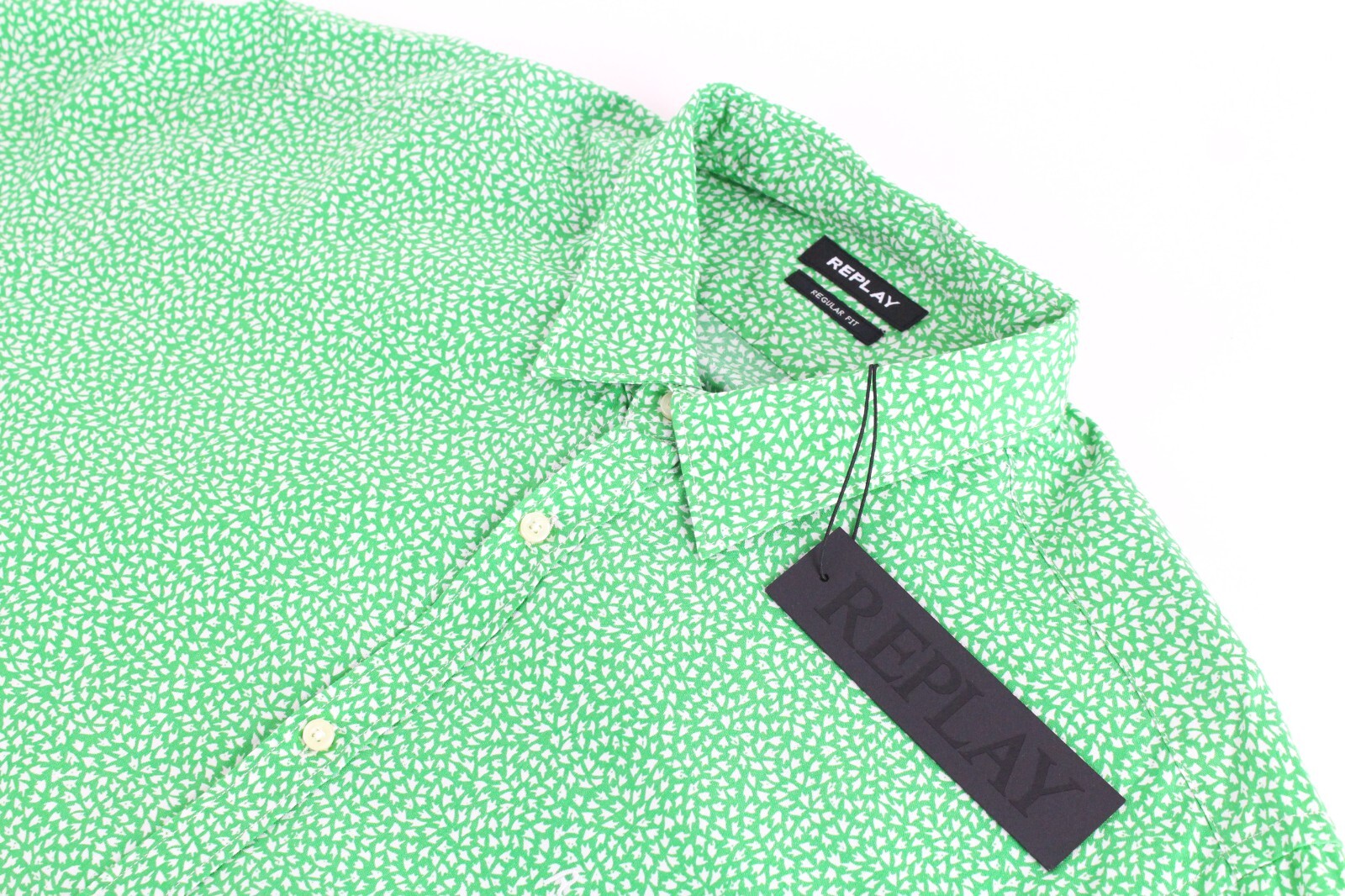 REPLAY Mens 3XL Green Shirt  Cotton White Pattern Button-Up Long Sleeves