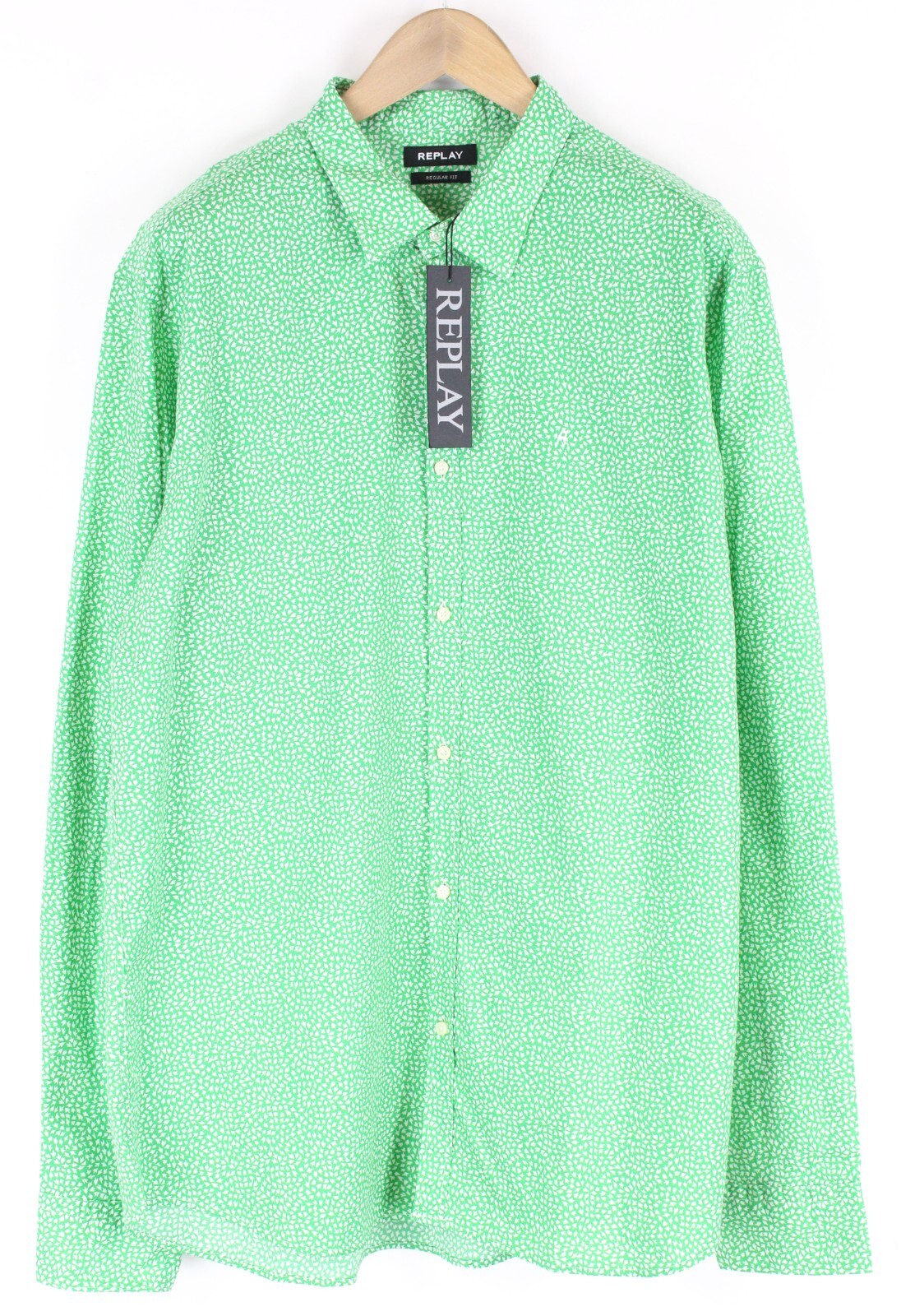 REPLAY Mens 3XL Green Shirt  Cotton White Pattern Button-Up Long Sleeves