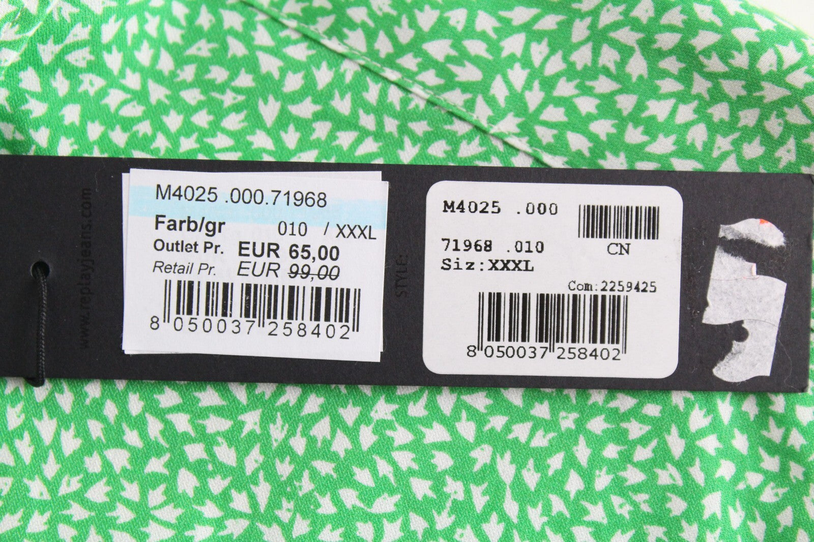 REPLAY Mens 3XL Green Shirt  Cotton White Pattern Button-Up Long Sleeves