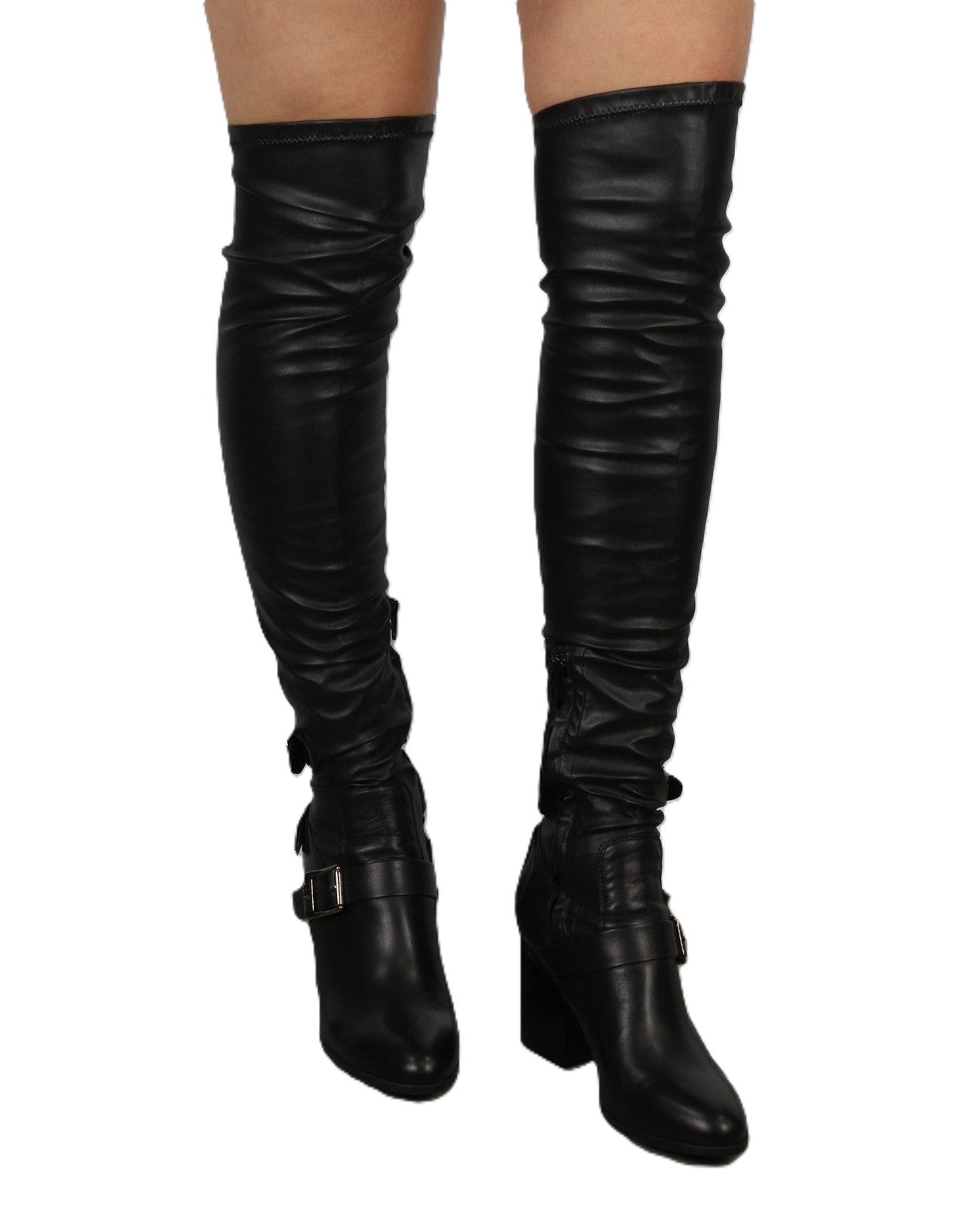 HOGAN Women Shoes EU38.5 Black Genuine Leather Buckled Over-Knee Heel Boots