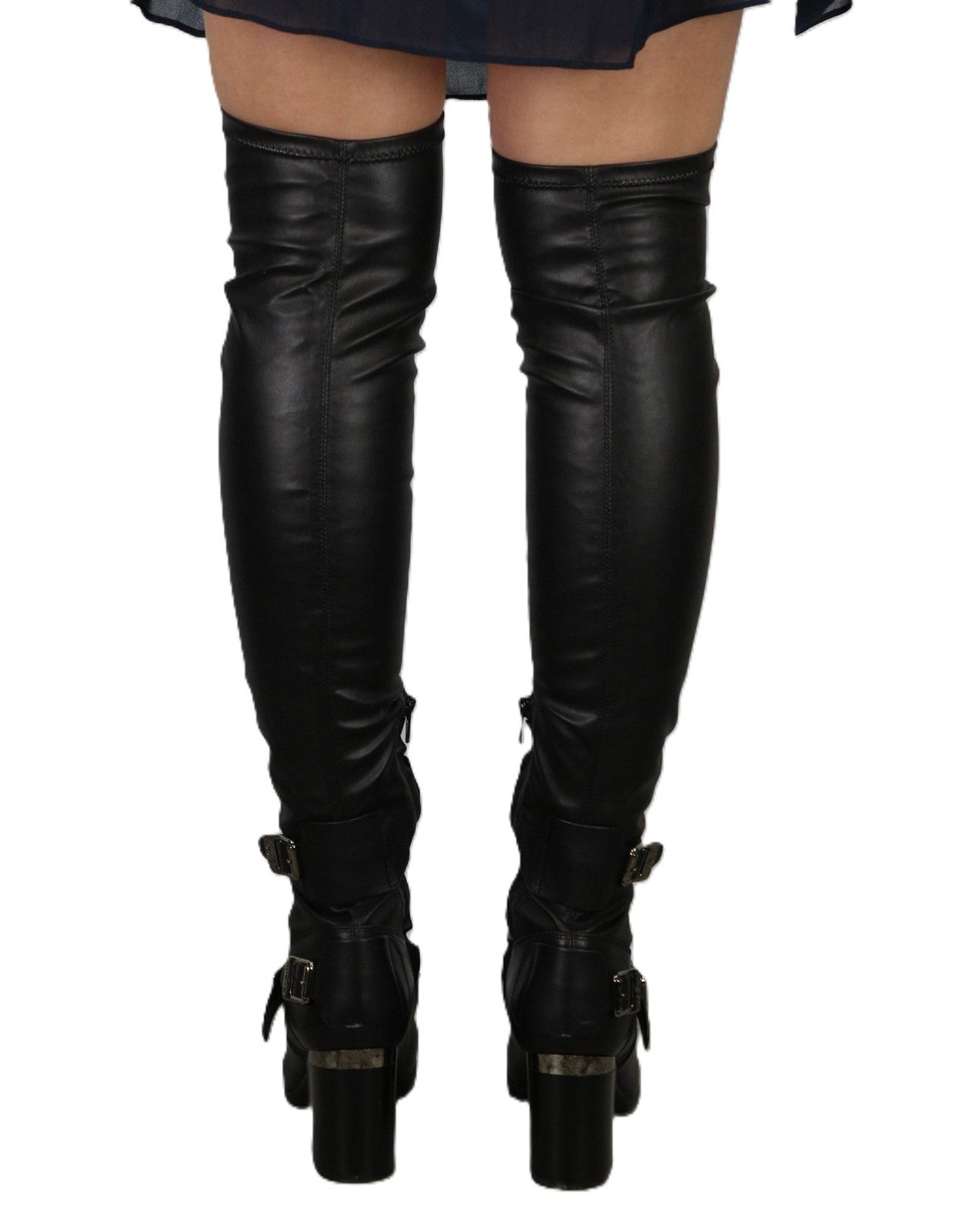 HOGAN Women Shoes EU38.5 Black Genuine Leather Buckled Over-Knee Heel Boots