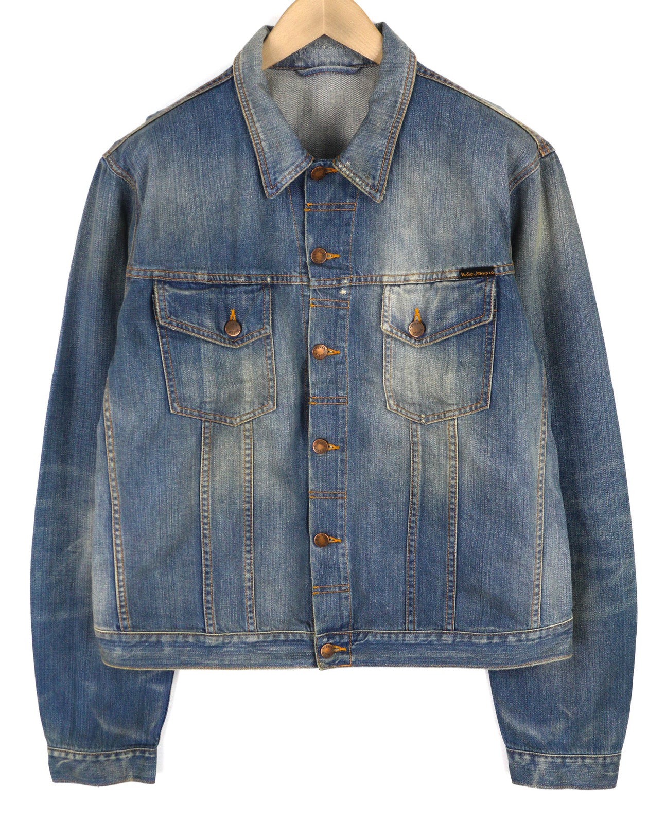 NUDIE Perry Men Jacket 2XL Organic Bright Broken Mid Blue Washed Buttoned Denim