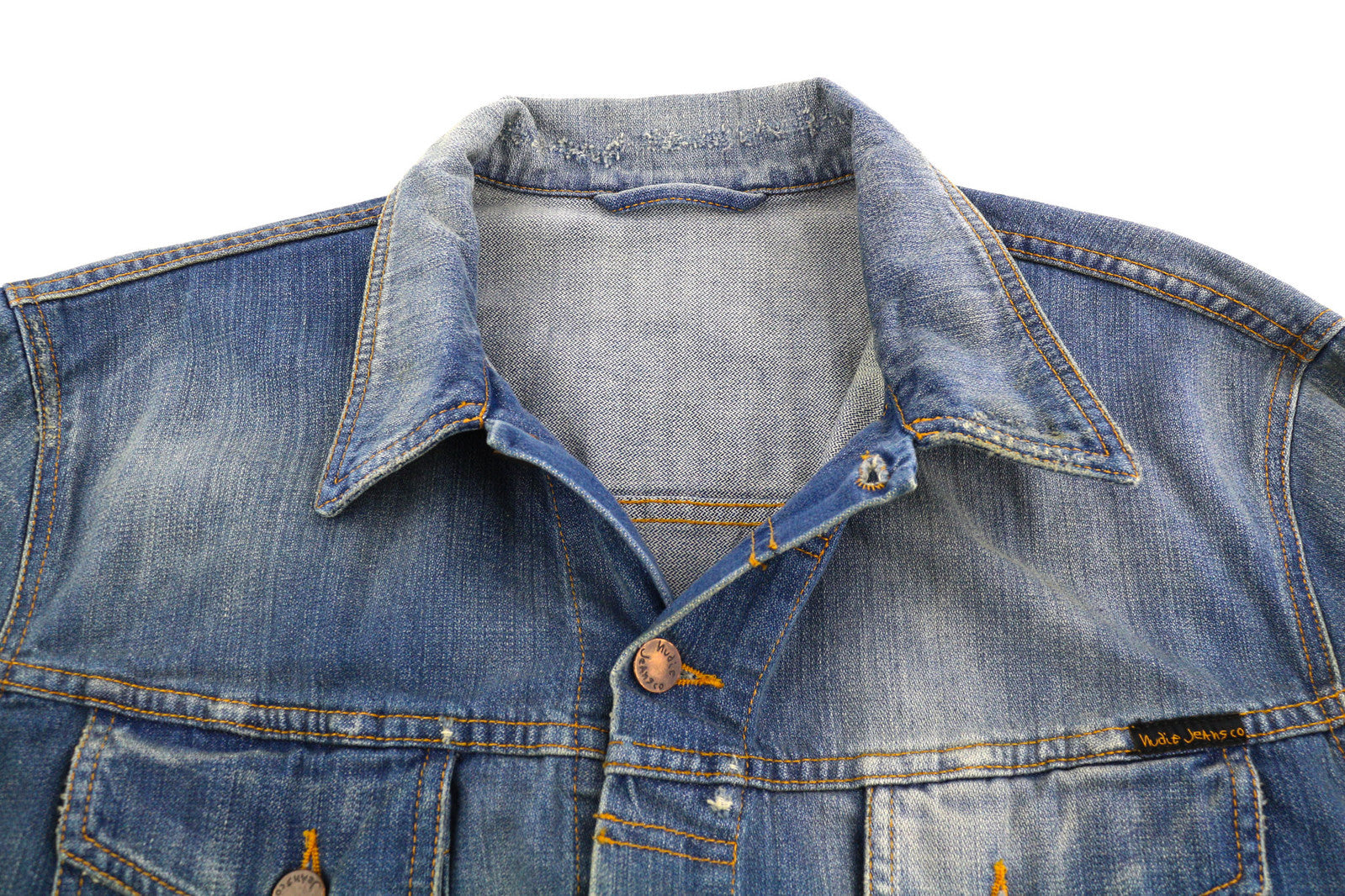 NUDIE Perry Men Jacket 2XL Organic Bright Broken Mid Blue Washed Buttoned Denim