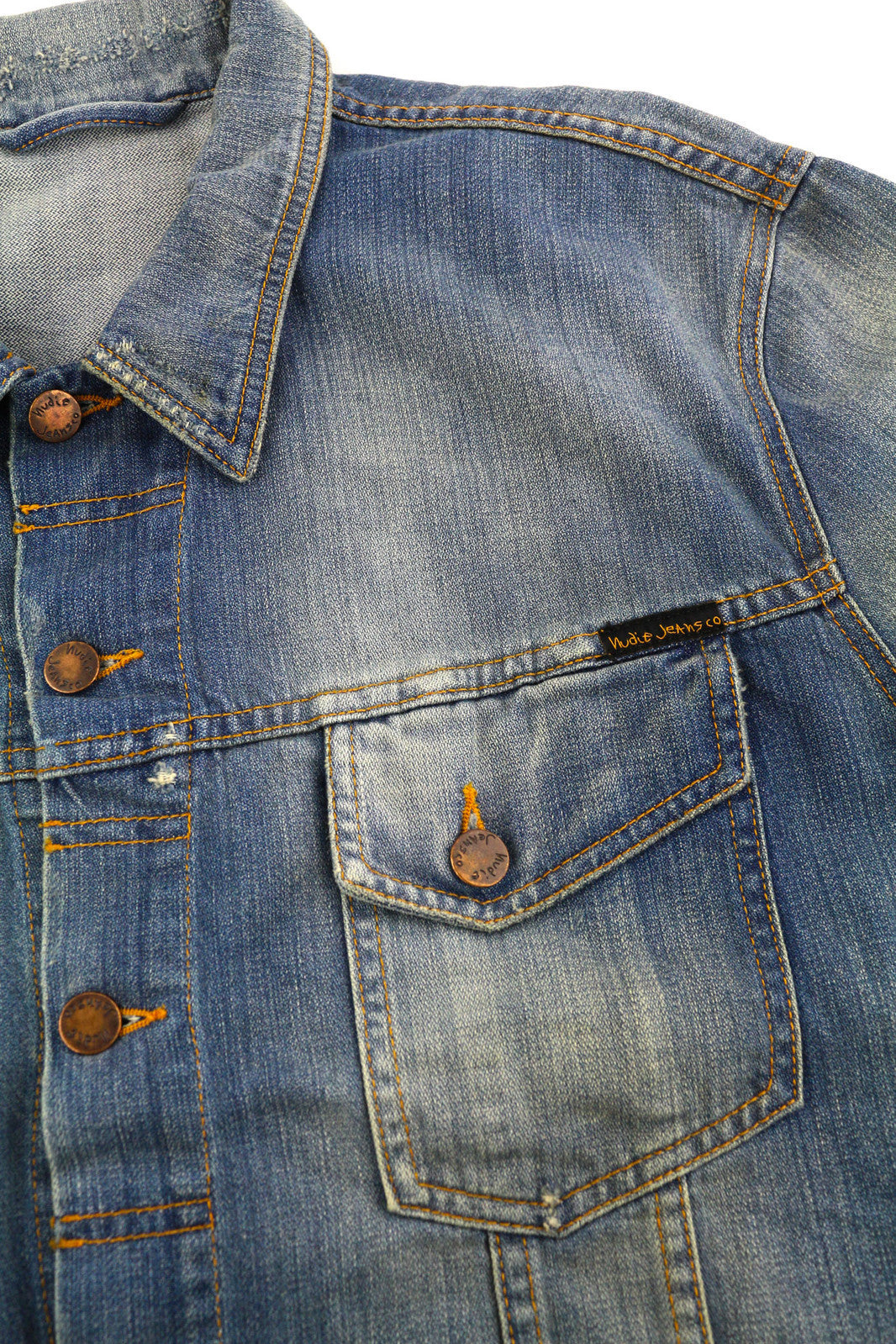 NUDIE Perry Men Jacket 2XL Organic Bright Broken Mid Blue Washed Buttoned Denim