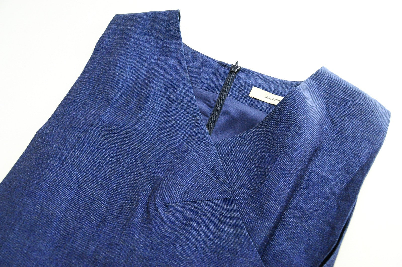 SUISTUDO Orion Womens Top UK8 Sleeveless Blue Linen Wool V-Neck Lined Dress